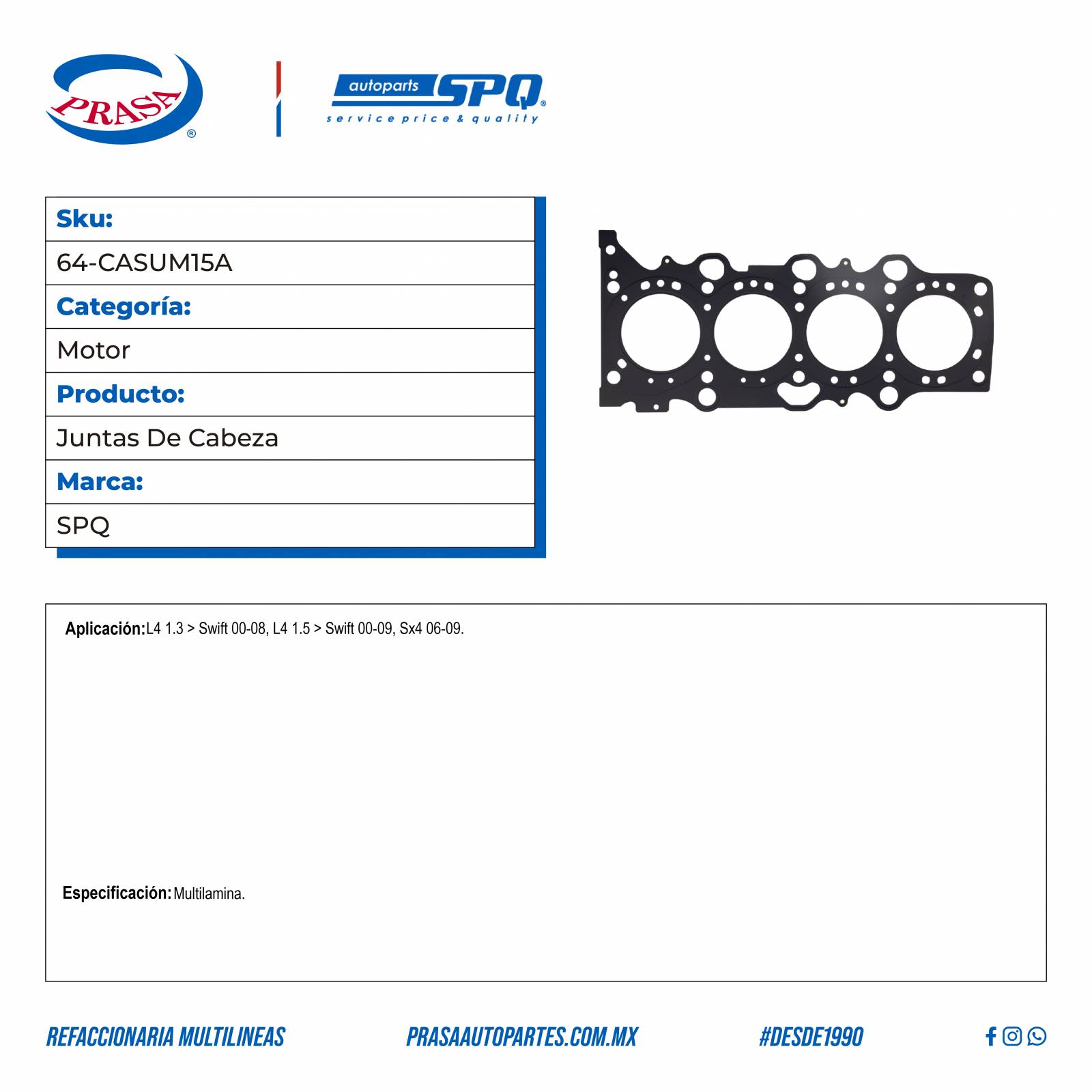 Juntas De Cabeza, SPQ; Para Suzuki Swift 2000-2008 L4; 1.3