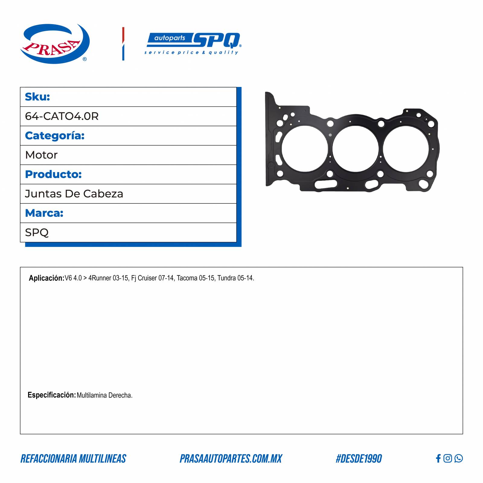 Juntas De Cabeza, SPQ; Para Toyota 4Runner 2003-2015 V6; 4