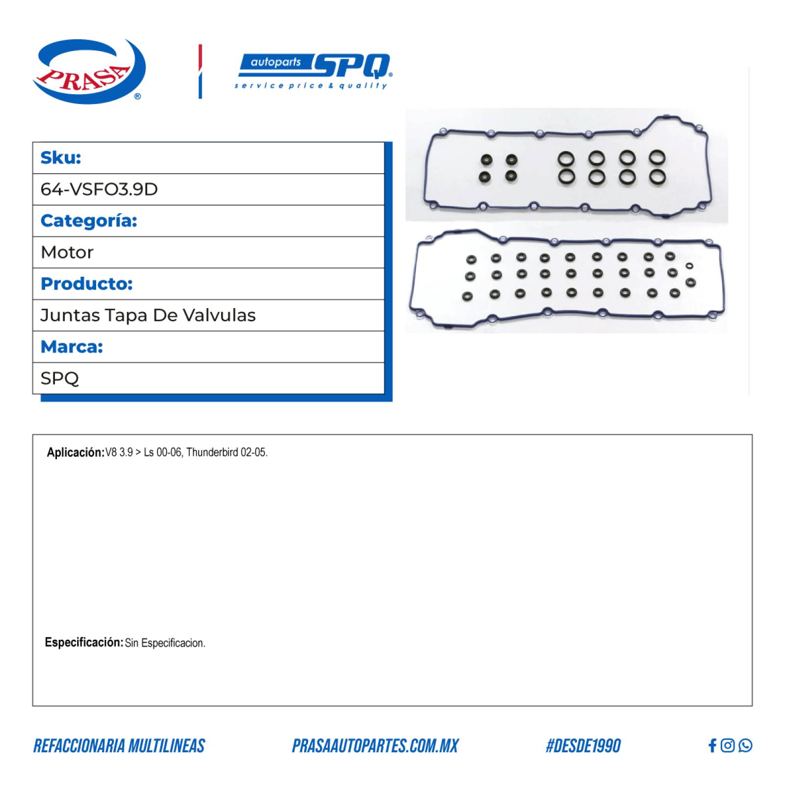 Juntas Tapa De Valvulas, SPQ; Para Ford Thunderbird 2002-2005 V8; 3.9