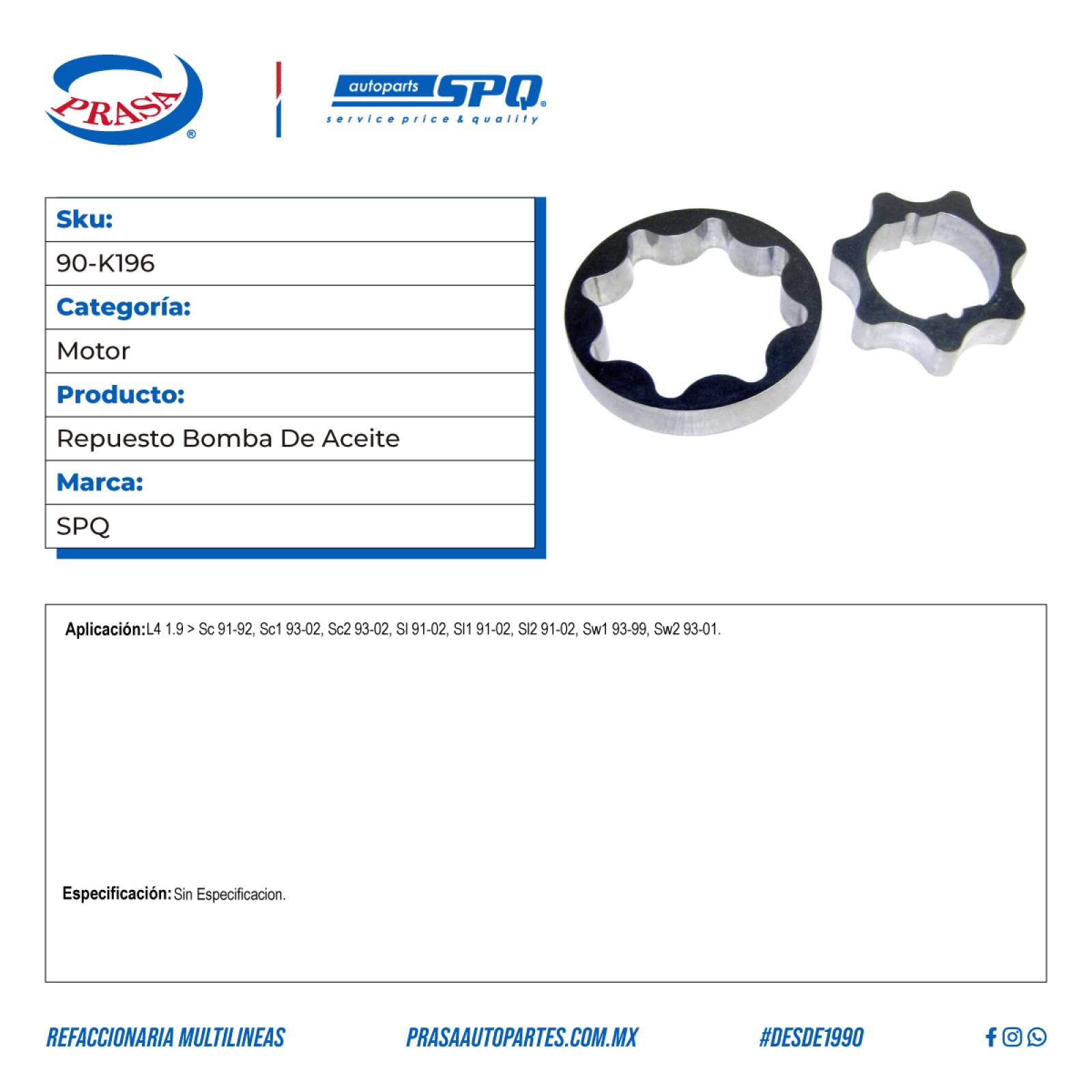 Repuesto Bomba De Aceite, SPQ; Para Saturn Sc 1991-1992 L4; 1.9