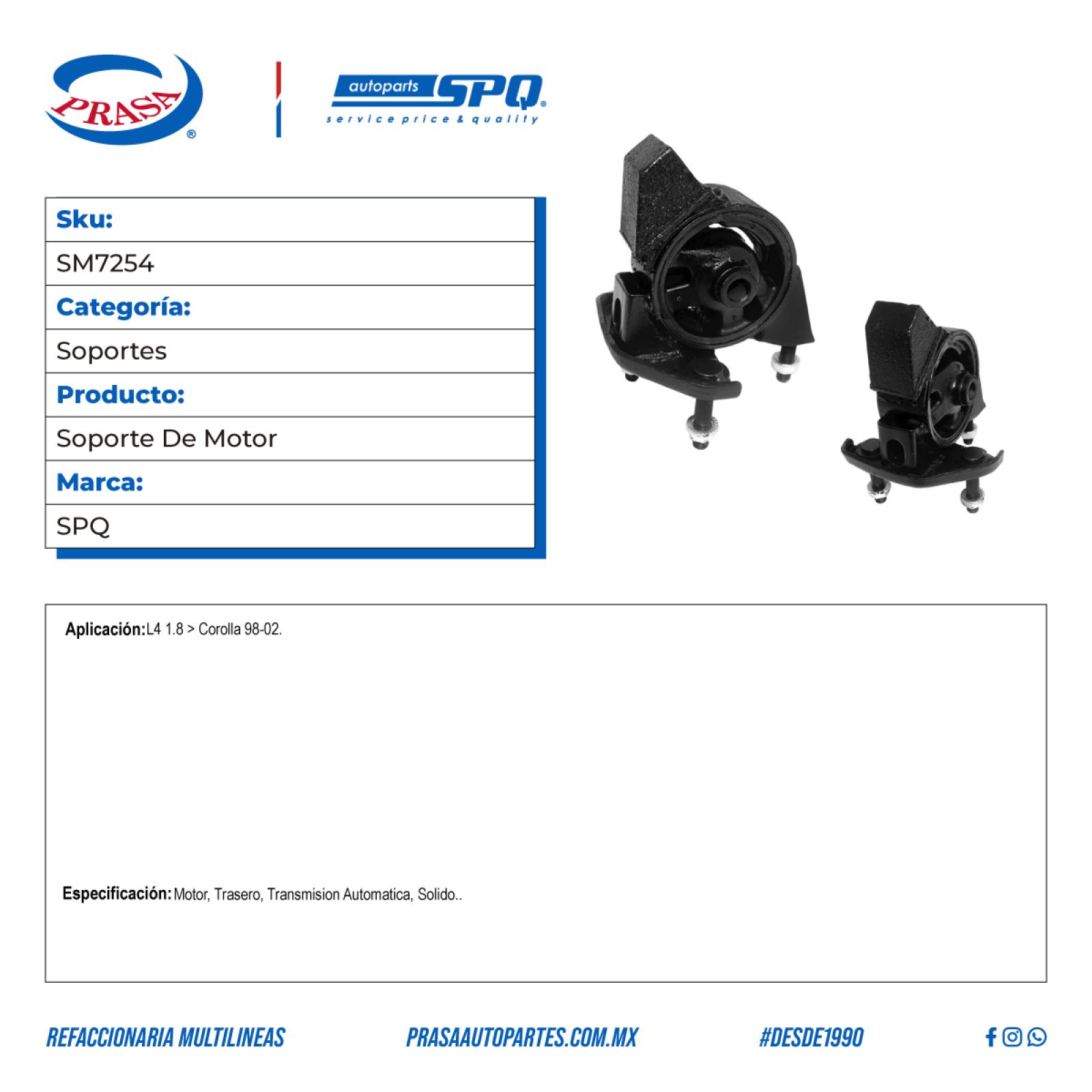 Soporte De Motor, SPQ; Para Toyota Corolla 1998-2002 L4; 1.8