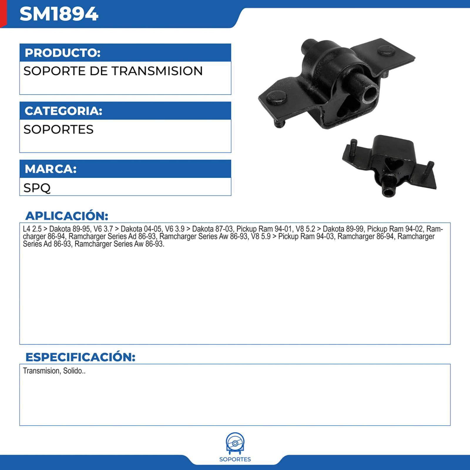 Soporte De Transmision, SPQ; Para Dodge Ad100 Ramcharger 1986-1989 V8; 5.2