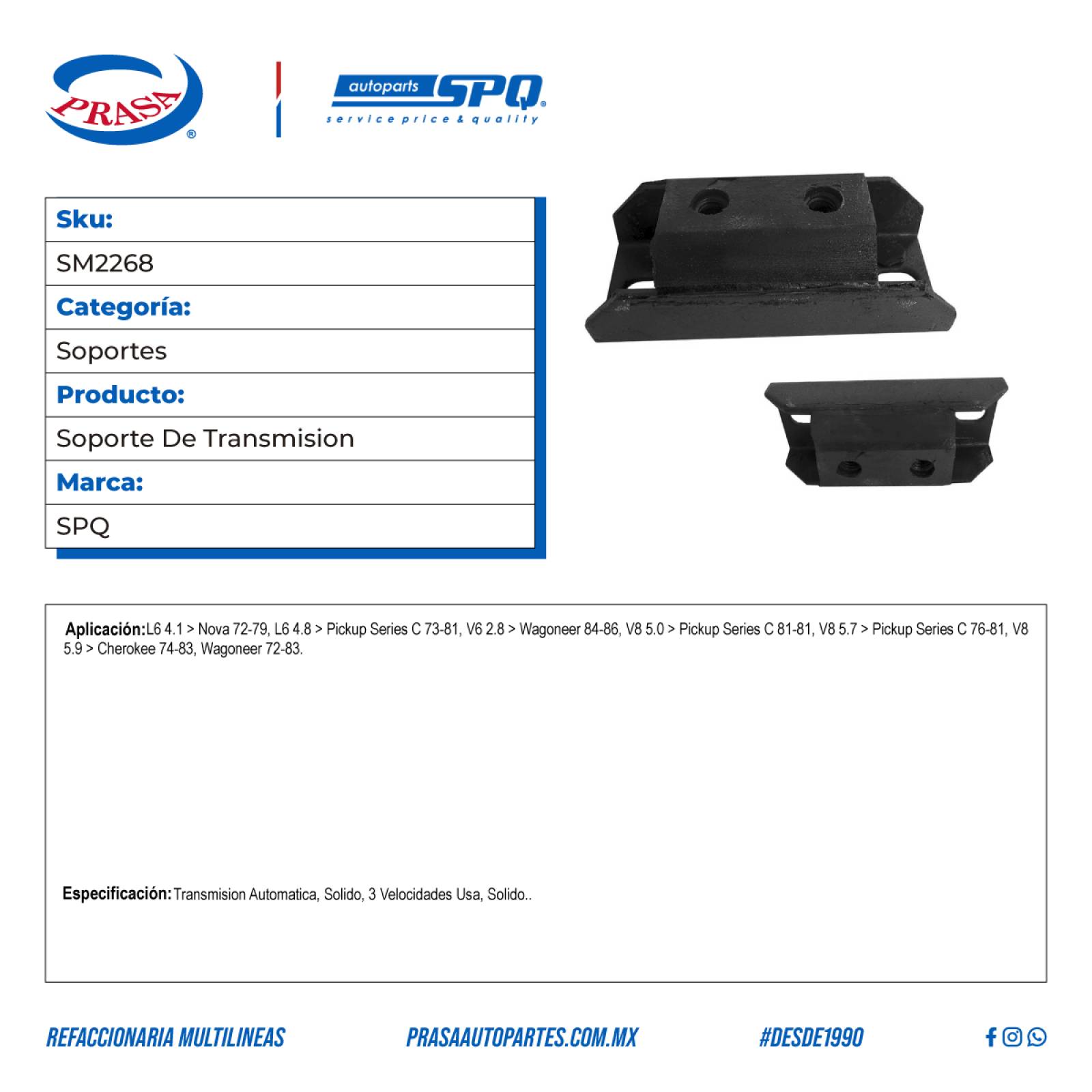 Soporte De Transmision, SPQ; Para Chevrolet C10 Pickup 1973-1981 L6; 4.8