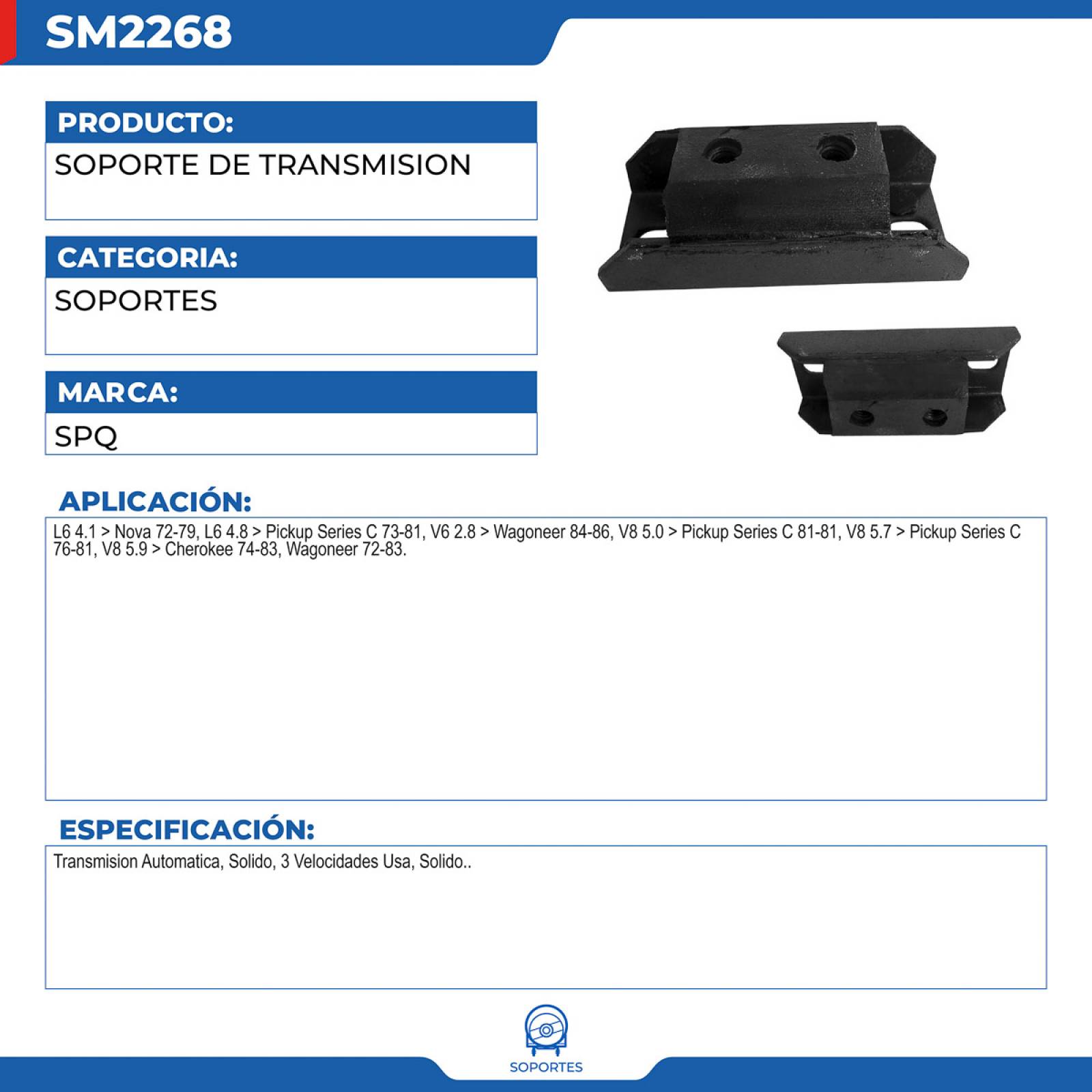 Soporte De Transmision, SPQ; Para Chevrolet C10 Pickup 1973-1981 L6; 4.8