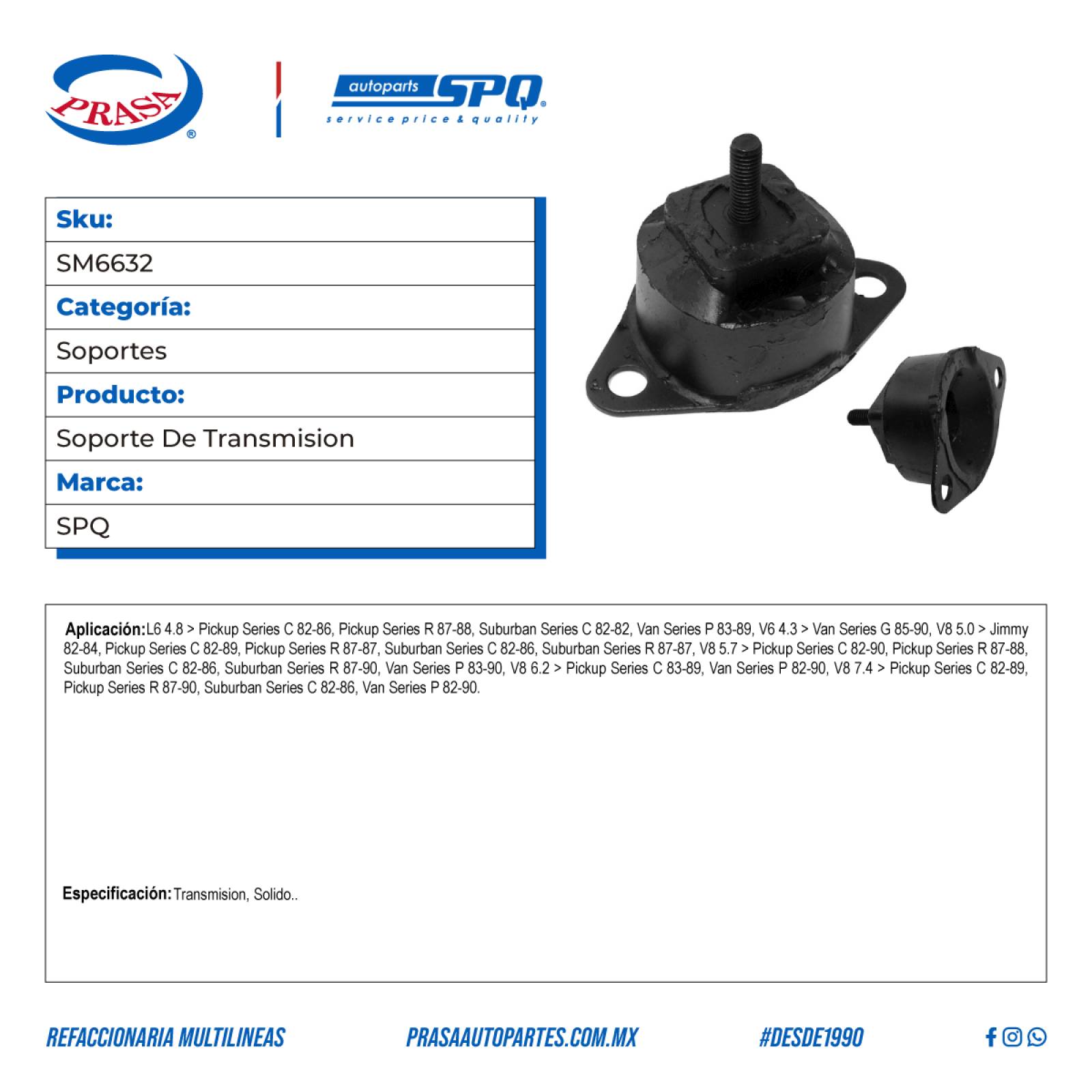 Soporte De Transmision, SPQ; Para Chevrolet C10 Pickup 1982-1986 L6; 4.8