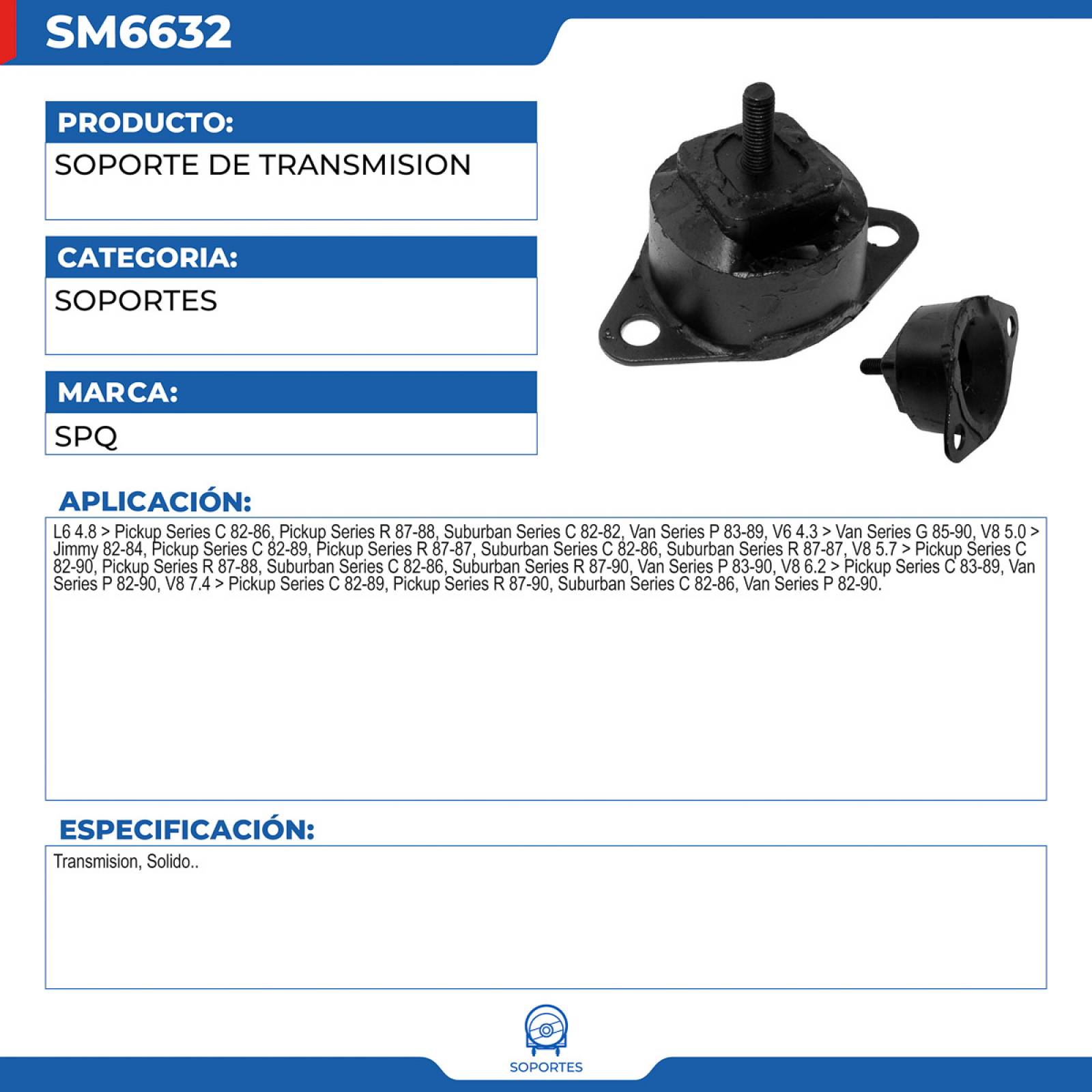Soporte De Transmision, SPQ; Para Chevrolet C10 Pickup 1982-1986 L6; 4.8