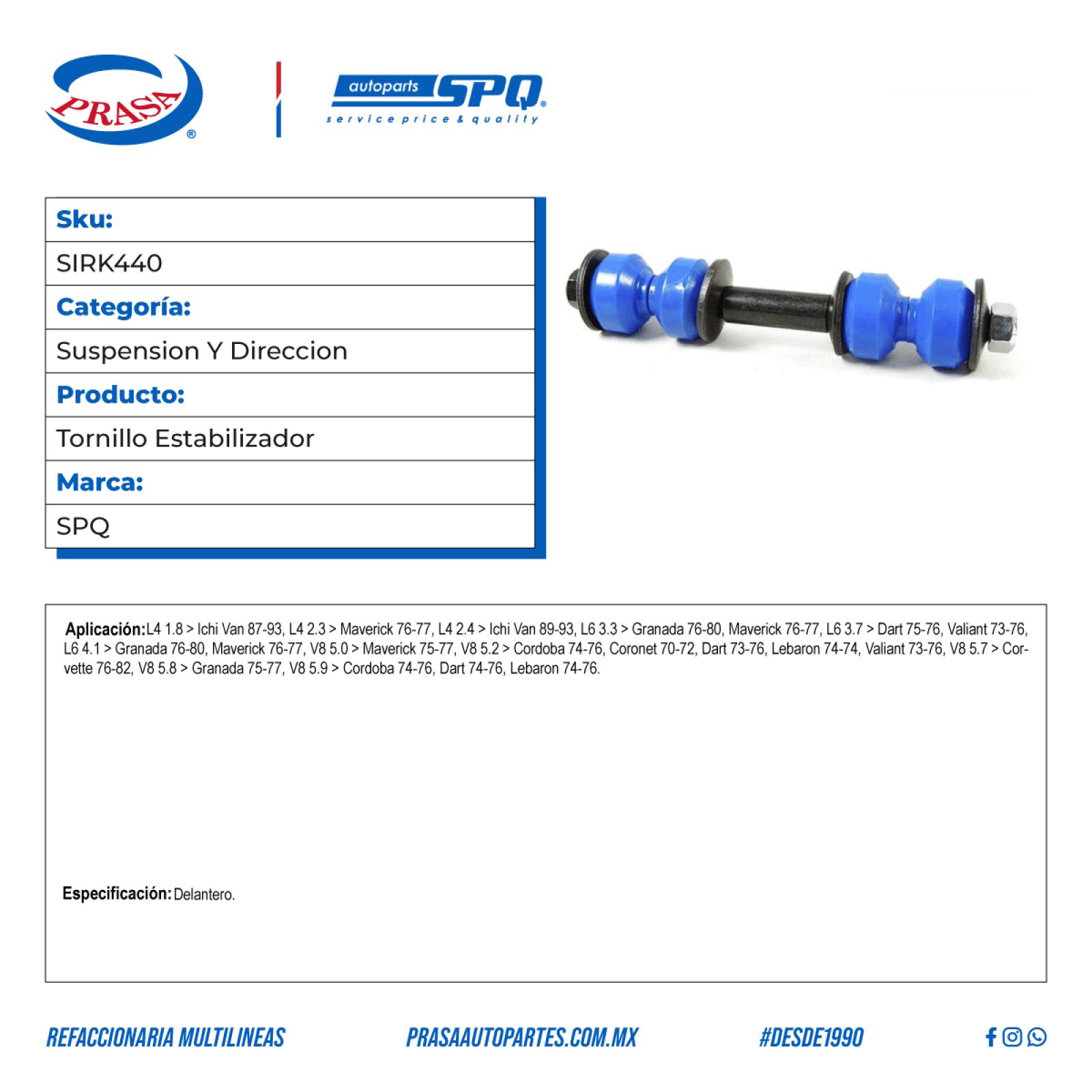 Tornillo Estabilizador, SPQ; Para Chevrolet Corvette 1976-1982 V8; 5.7
