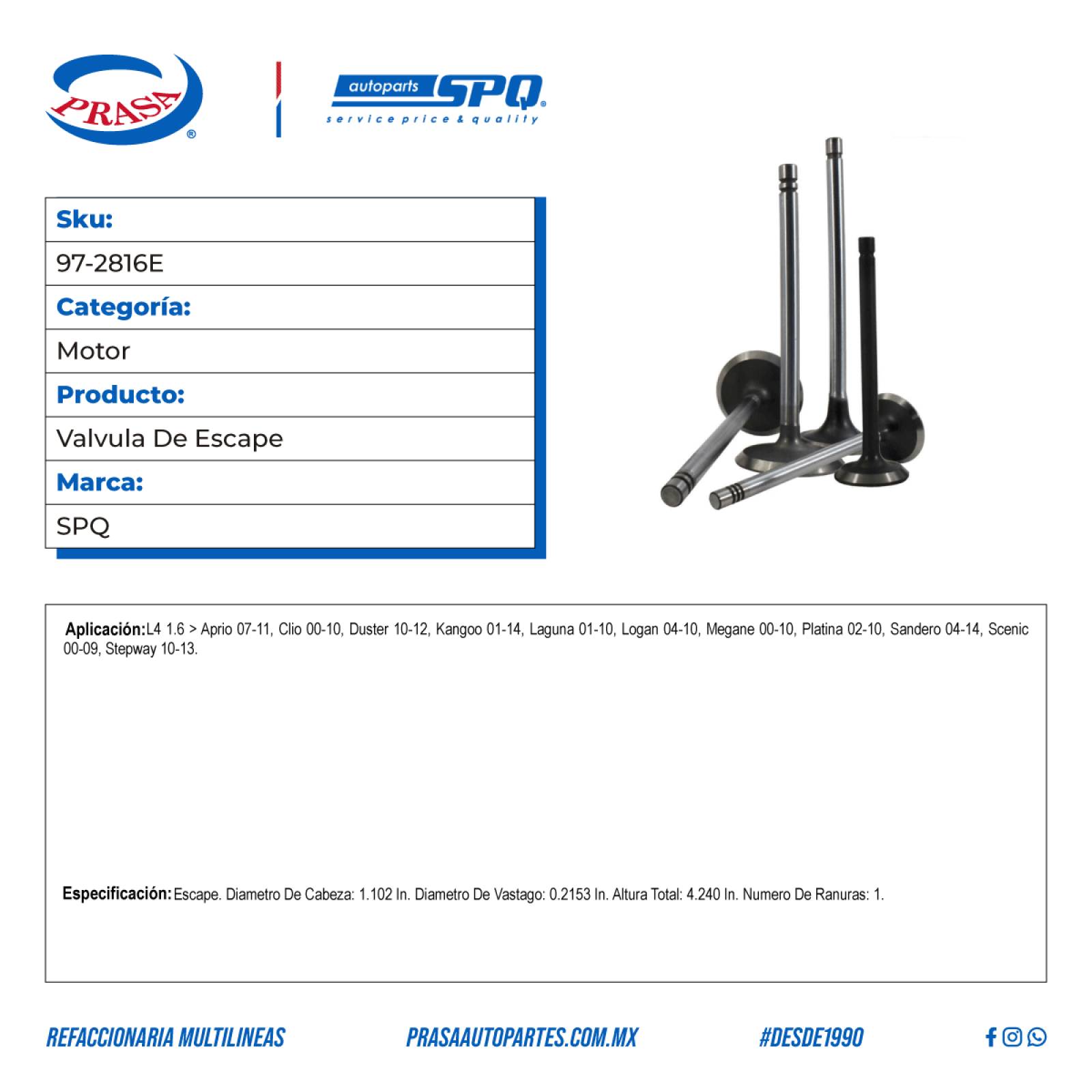 Valvula De Escape, SPQ; Para Nissan Aprio 2007-2011 L4; 1.6