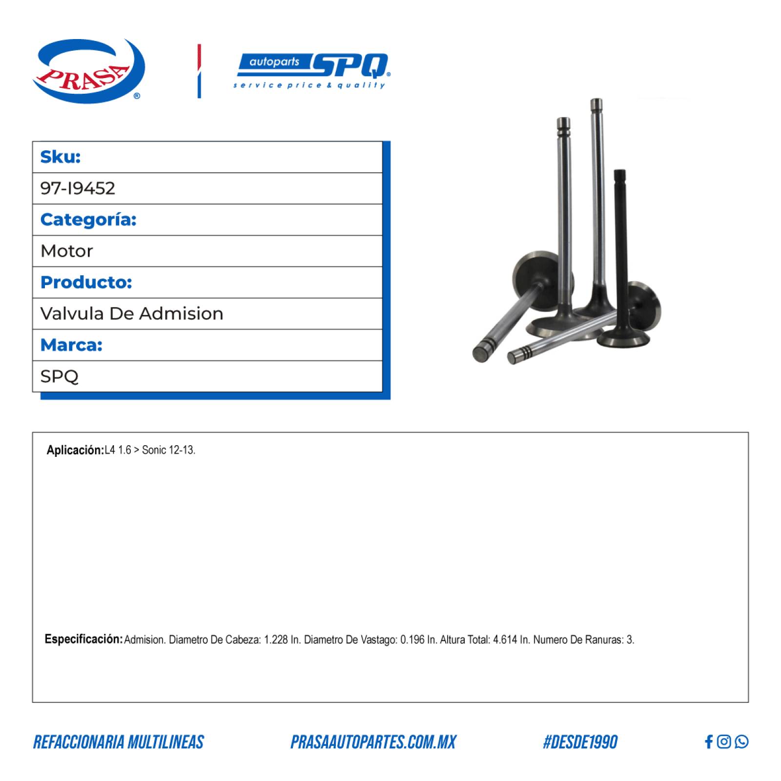 Valvula De Admision, SPQ; Para Chevrolet Sonic 2012-2013 L4; 1.6