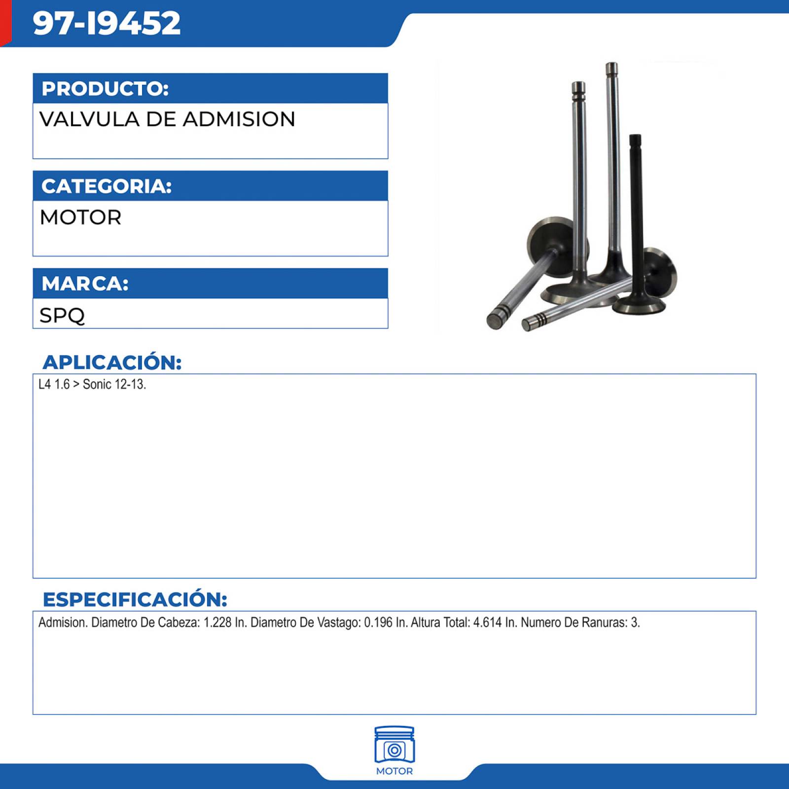 Valvula De Admision, SPQ; Para Chevrolet Sonic 2012-2013 L4; 1.6