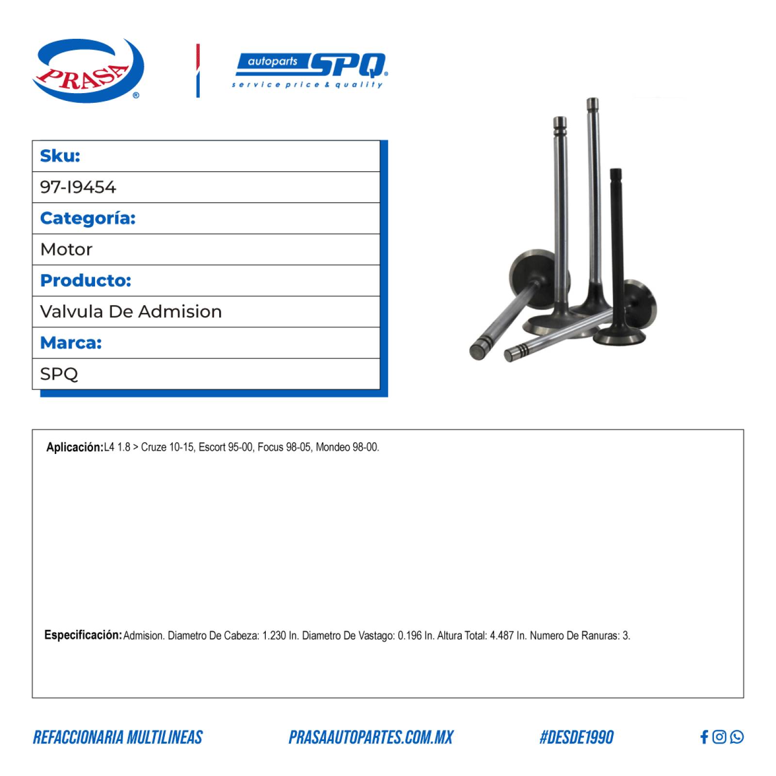 Valvula De Admision, SPQ; Para Chevrolet Cruze 2010-2015 L4; 1.8