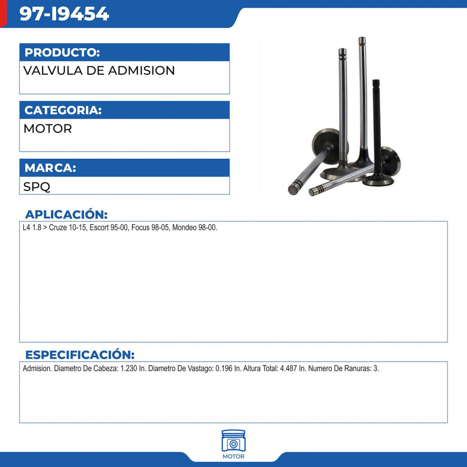 Valvula De Admision, SPQ; Para Chevrolet Cruze 2010-2015 L4; 1.8