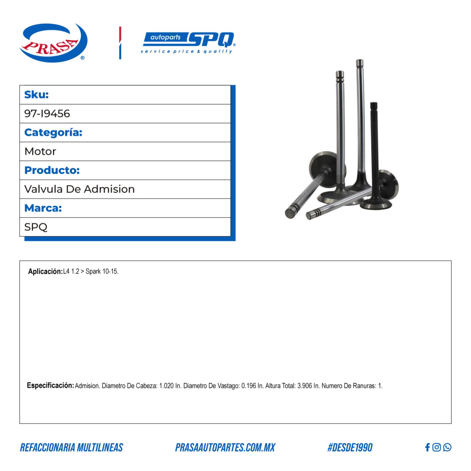 Valvula De Admision, SPQ; Para Chevrolet Spark 2010-2015 L4; 1.2