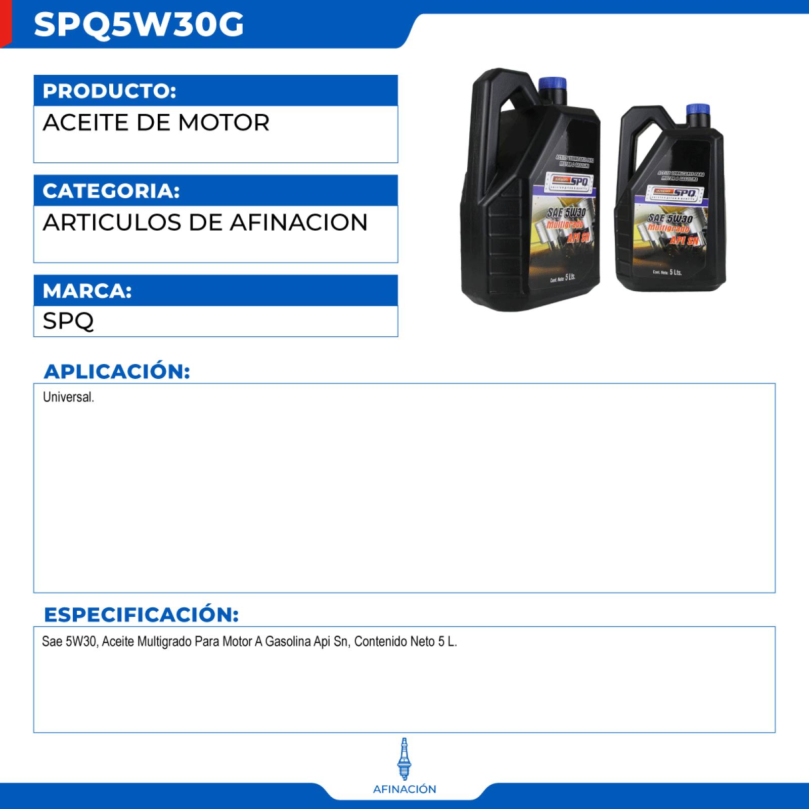 Aceite De Motor SN Mineral, SPQ; Universal. Garrafa 5 Lts.