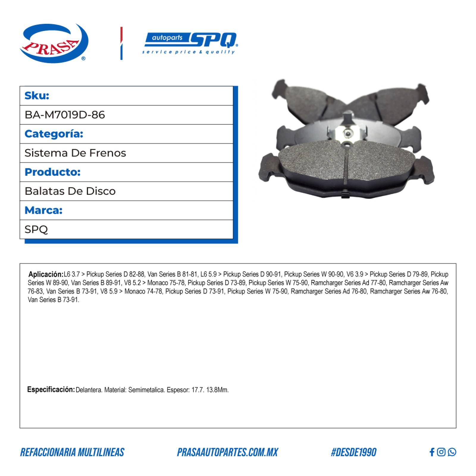 Balatas De Disco, SPQ; Para Dodge Ad100 Ramcharger 1977-1980 V8; 5.2