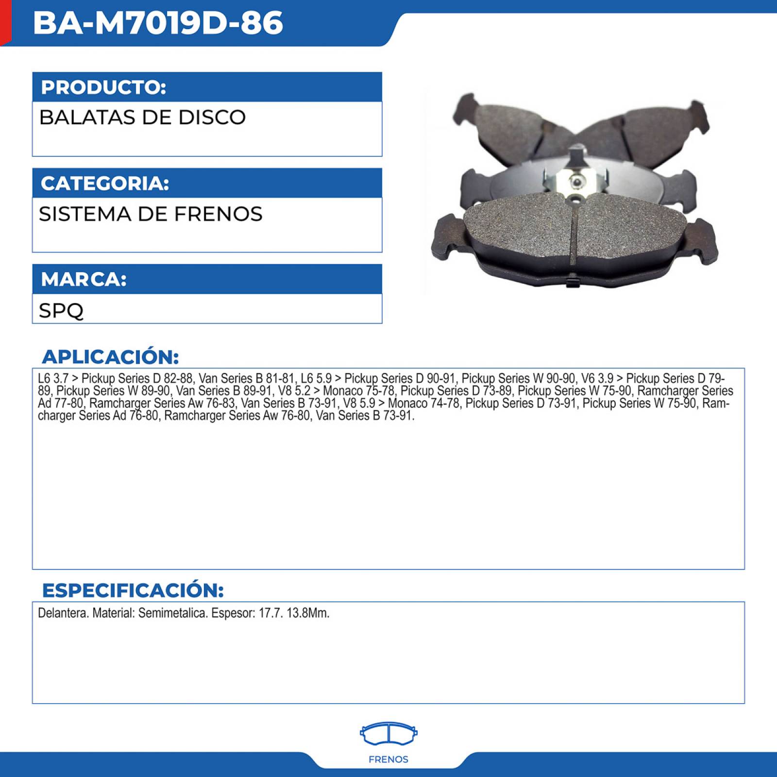 Balatas De Disco, SPQ; Para Dodge Ad100 Ramcharger 1977-1980 V8; 5.2
