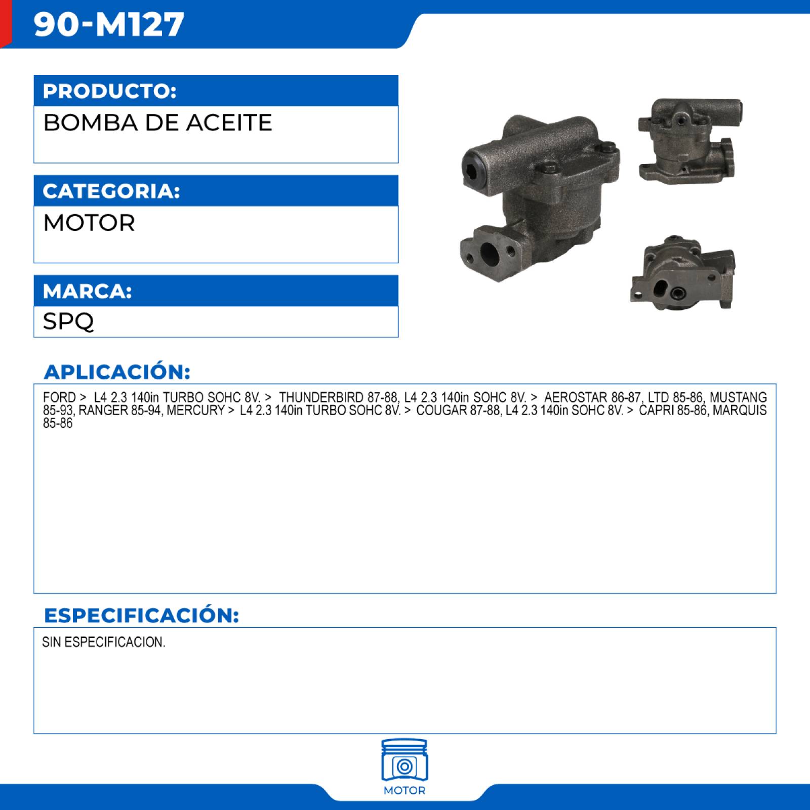 Bomba De Aceite, SPQ; Para Ford Aerostar 1986-1987 L4; 2.3