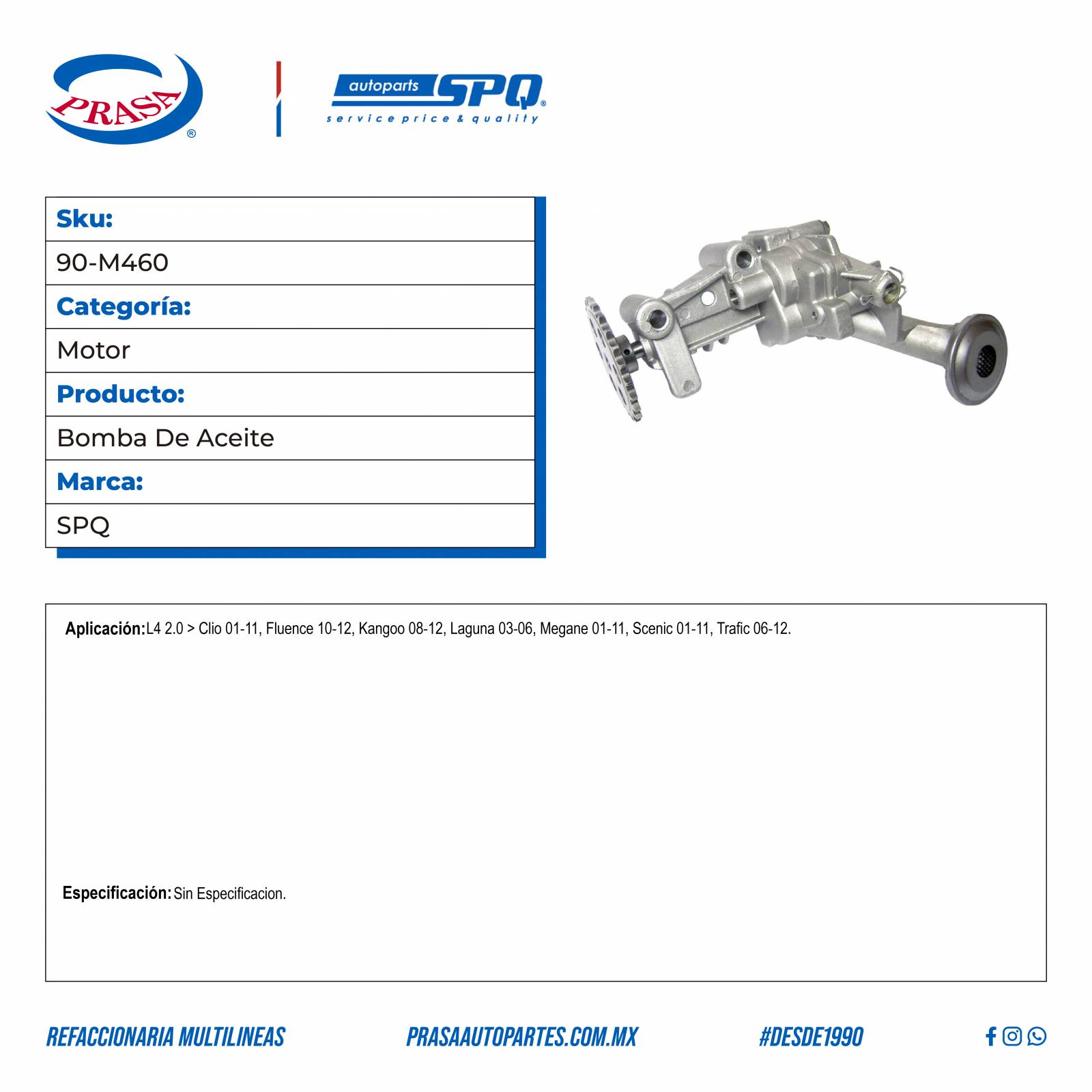 Bomba De Aceite, SPQ; Para Renault Clio 2001-2011 L4; 2