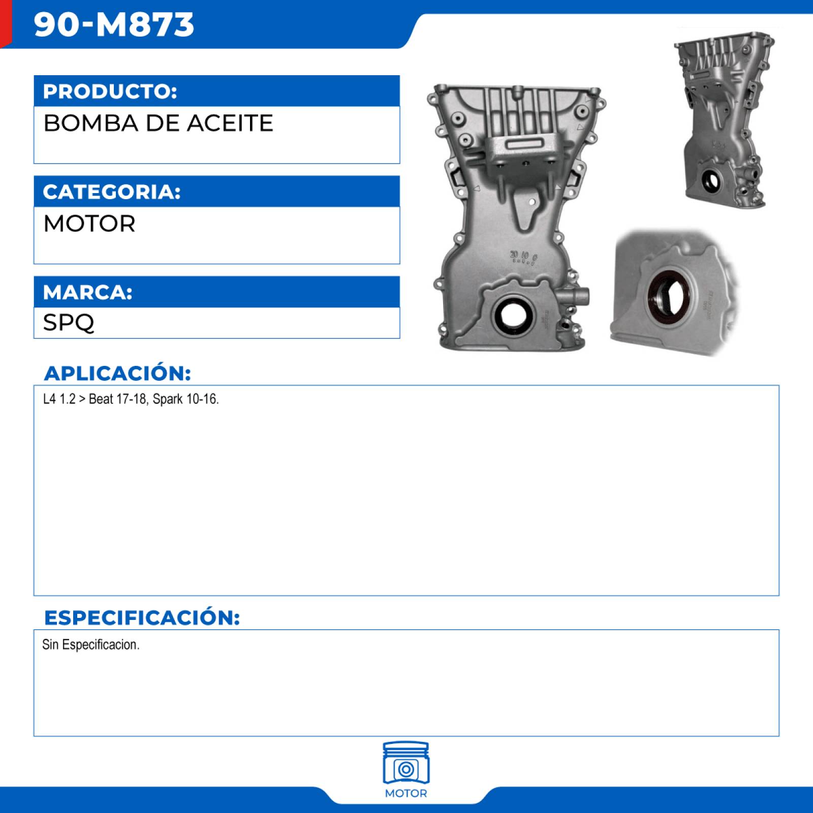 Bomba De Aceite, SPQ; Para Chevrolet Beat 2017-2018 L4; 1.2