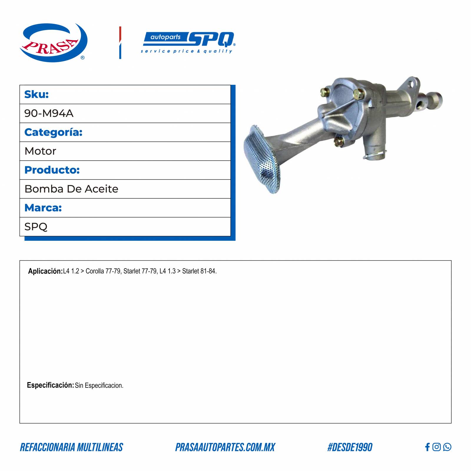 Bomba De Aceite, SPQ; Para Toyota Corolla 1977-1979 L4; 1.2