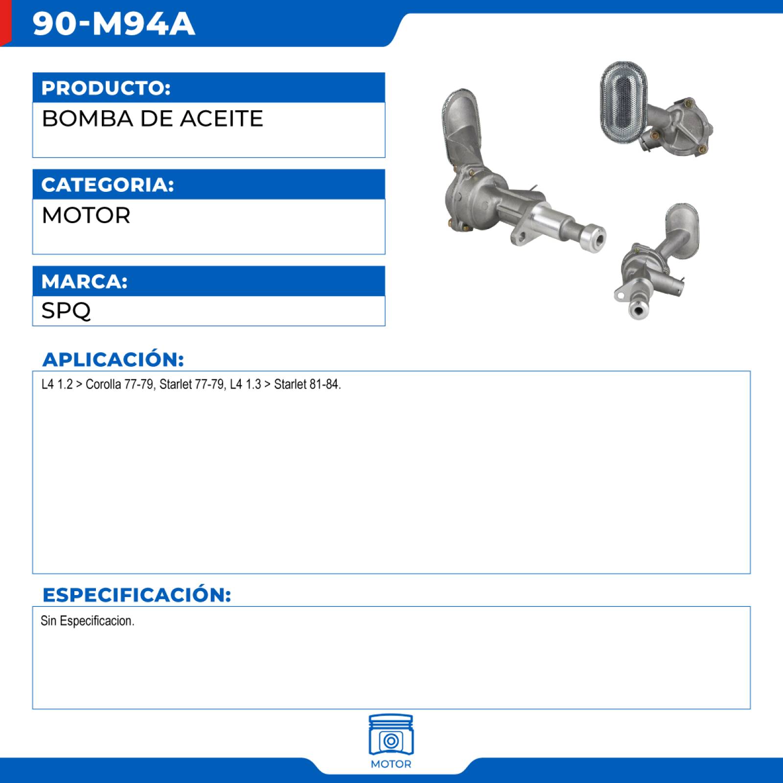 Bomba De Aceite, SPQ; Para Toyota Corolla 1977-1979 L4; 1.2