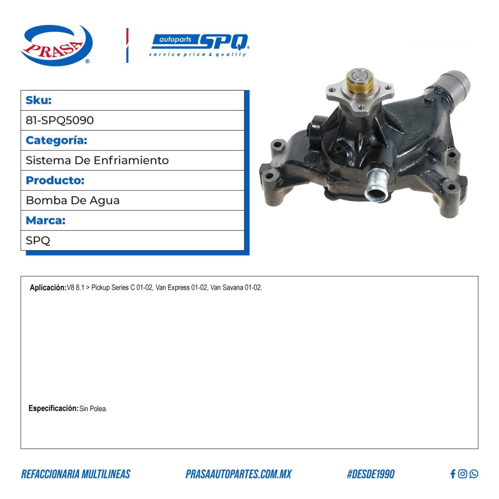 Bomba De Agua, SPQ; Para Chevrolet C3500 Pickup 2001-2002 V8; 8.1