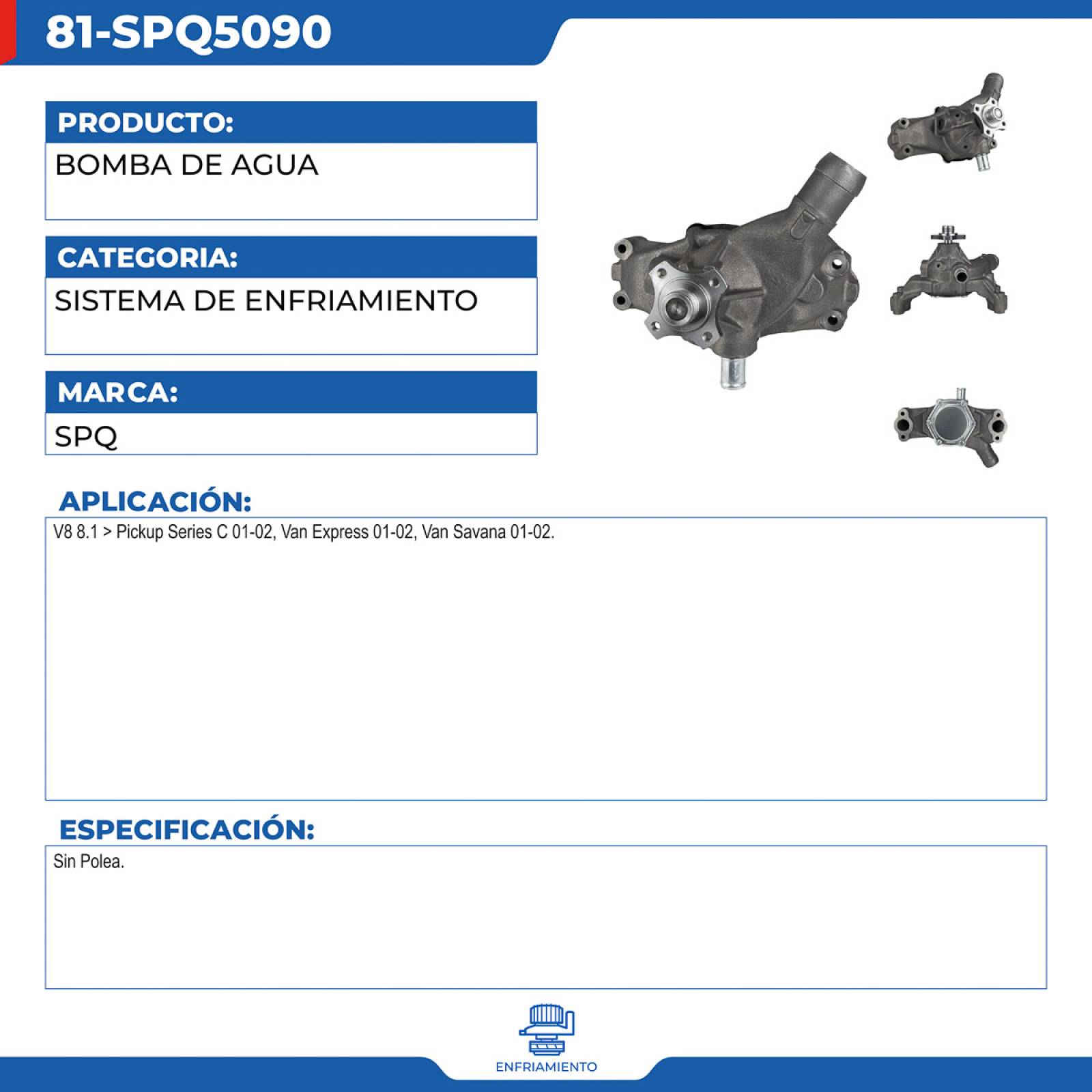 Bomba De Agua, SPQ; Para Chevrolet C3500 Pickup 2001-2002 V8; 8.1