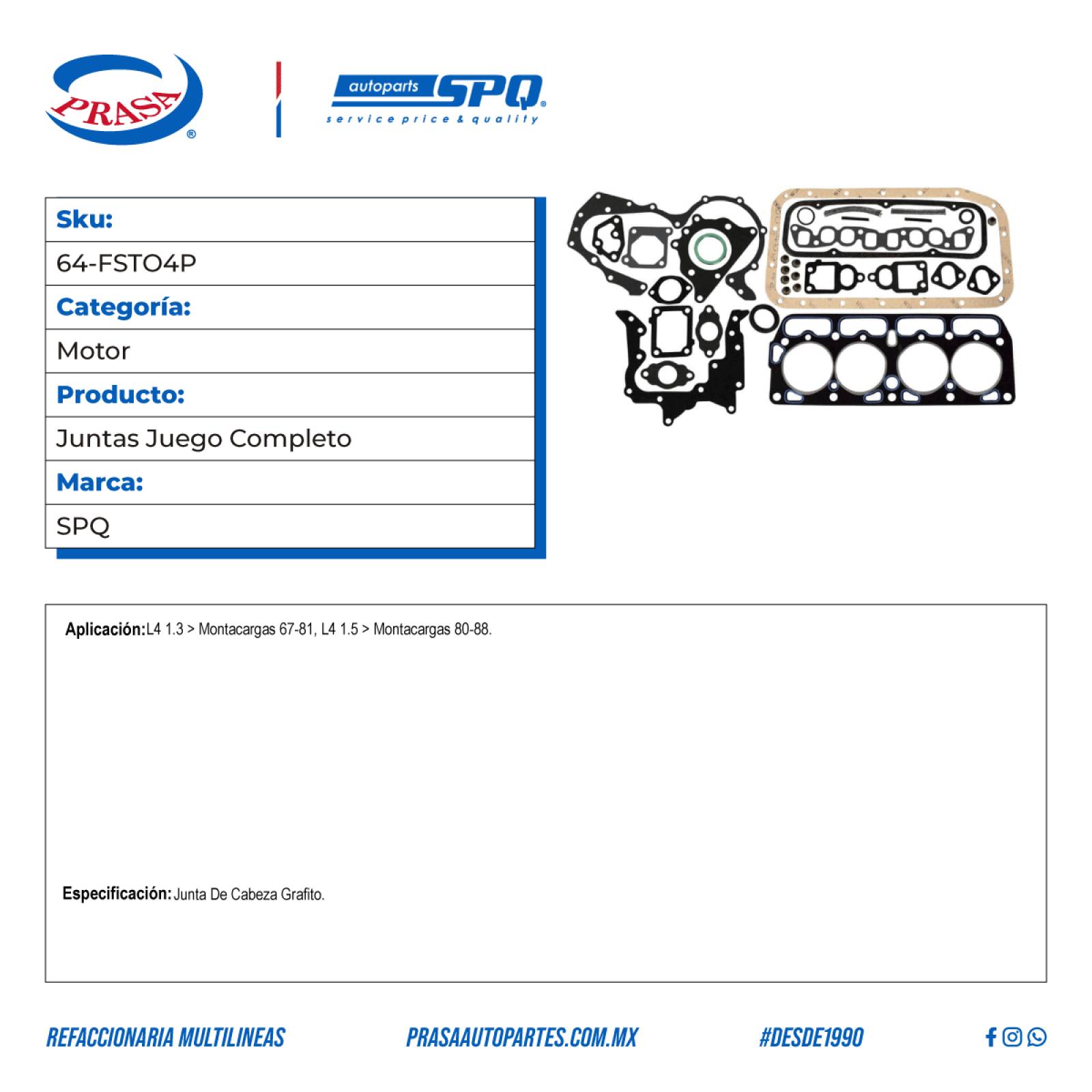 Juntas Juego Completo, SPQ; Para Toyota Montacargas 1967-1981 L4; 1.3