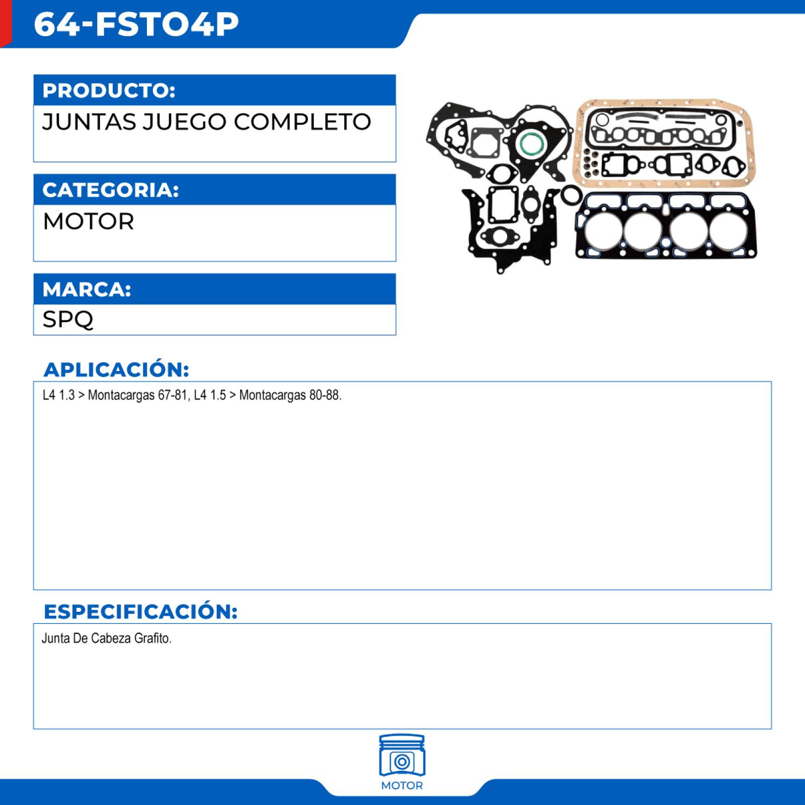 Juntas Juego Completo, SPQ; Para Toyota Montacargas 1967-1981 L4; 1.3