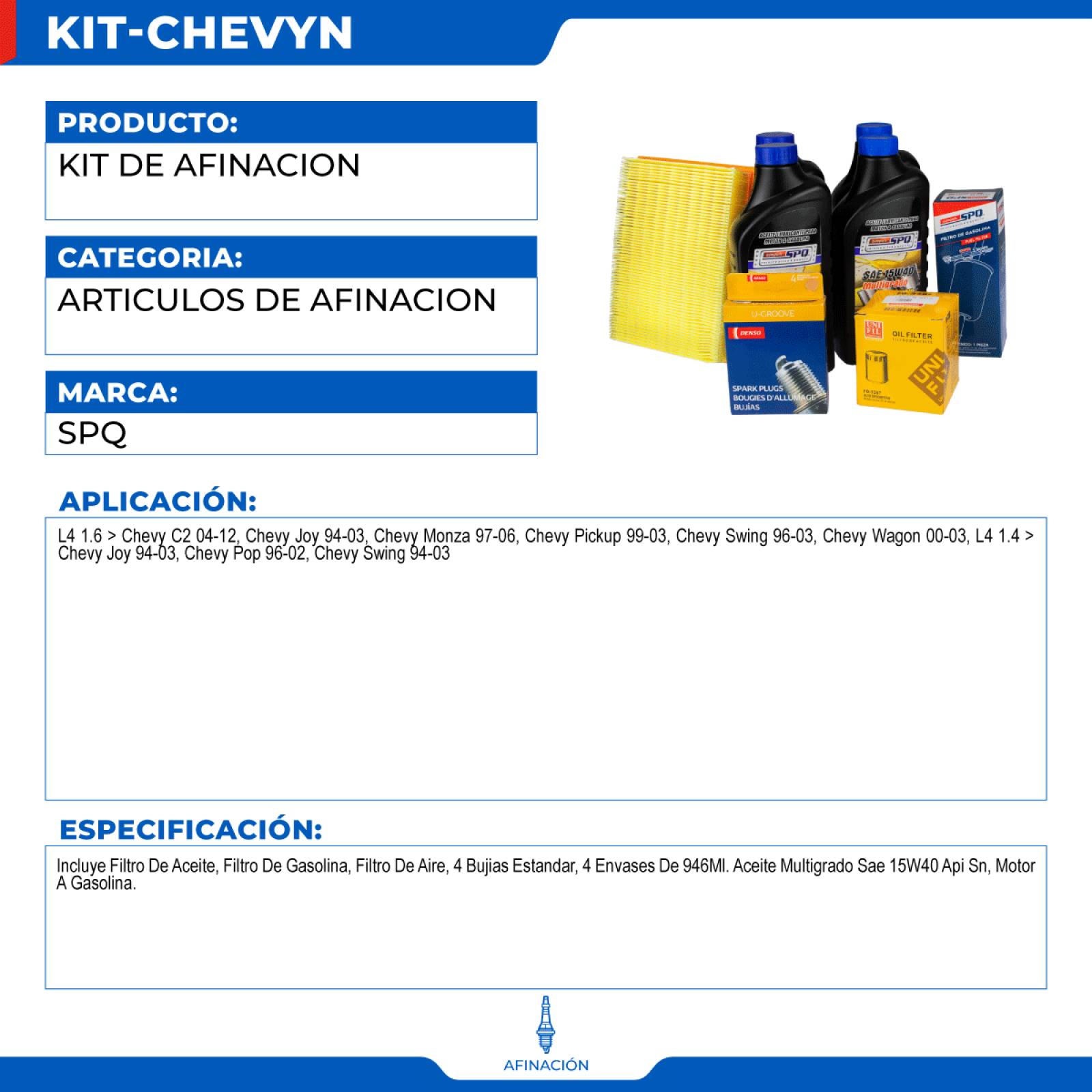 Kit De Afinacion, SPQ; Para Chevrolet Chevy C2 2004-2012 L4; 1.6