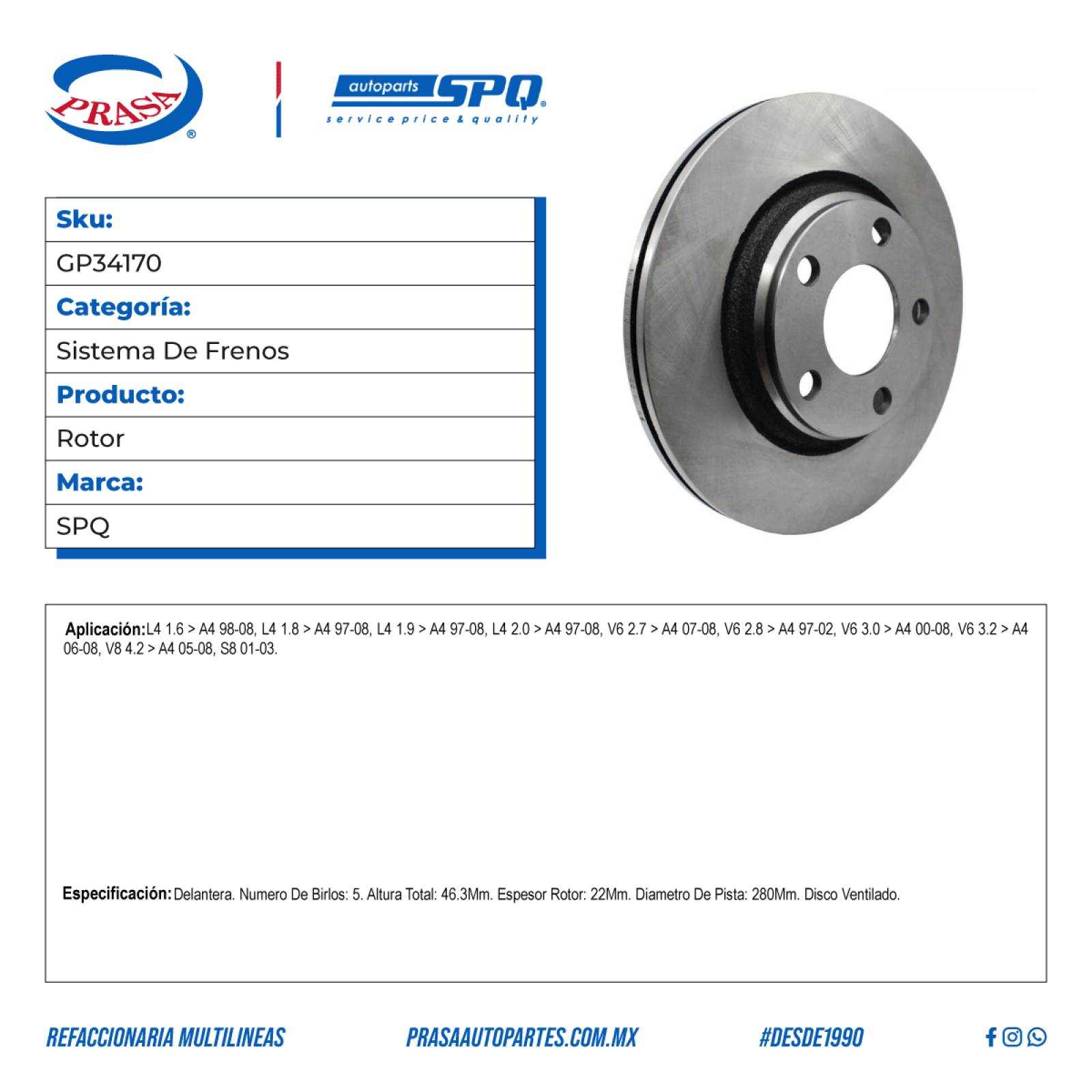 Rotor, SPQ; Para Audi A4 1998-2008 L4; 1.6