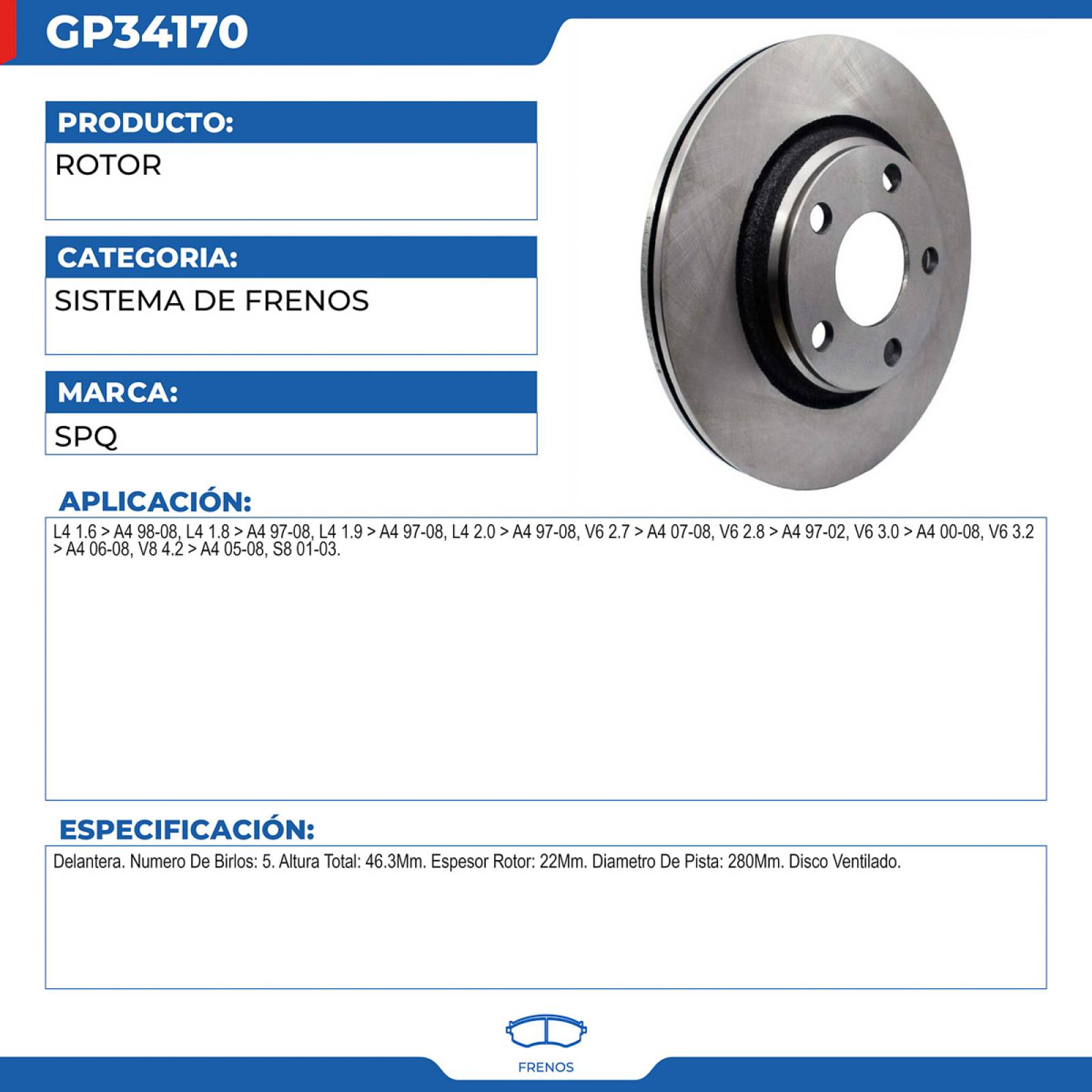 Rotor, SPQ; Para Audi A4 1998-2008 L4; 1.6