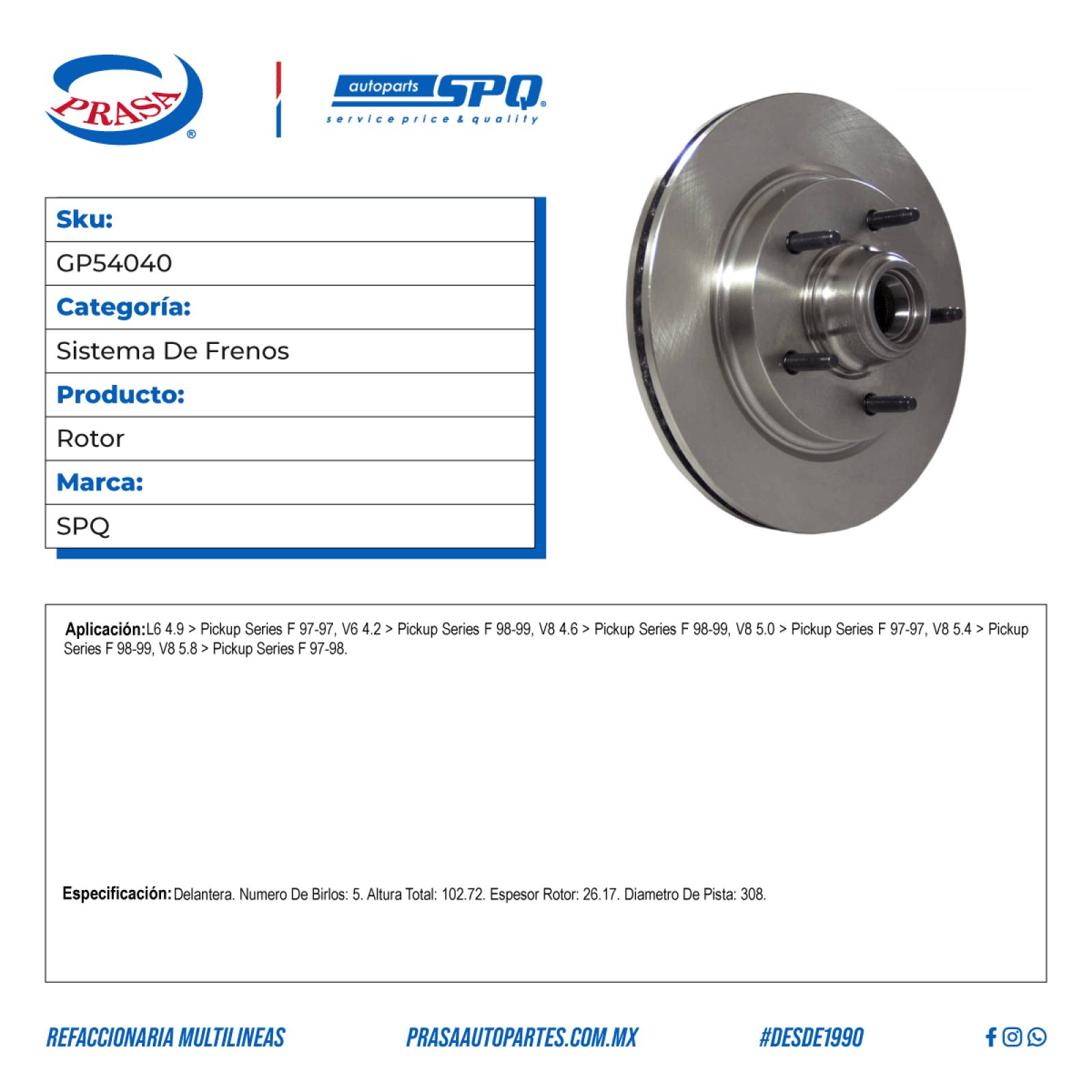 Rotor, SPQ; Para Ford F150 Pickup 1997-1997 L6; 4.9