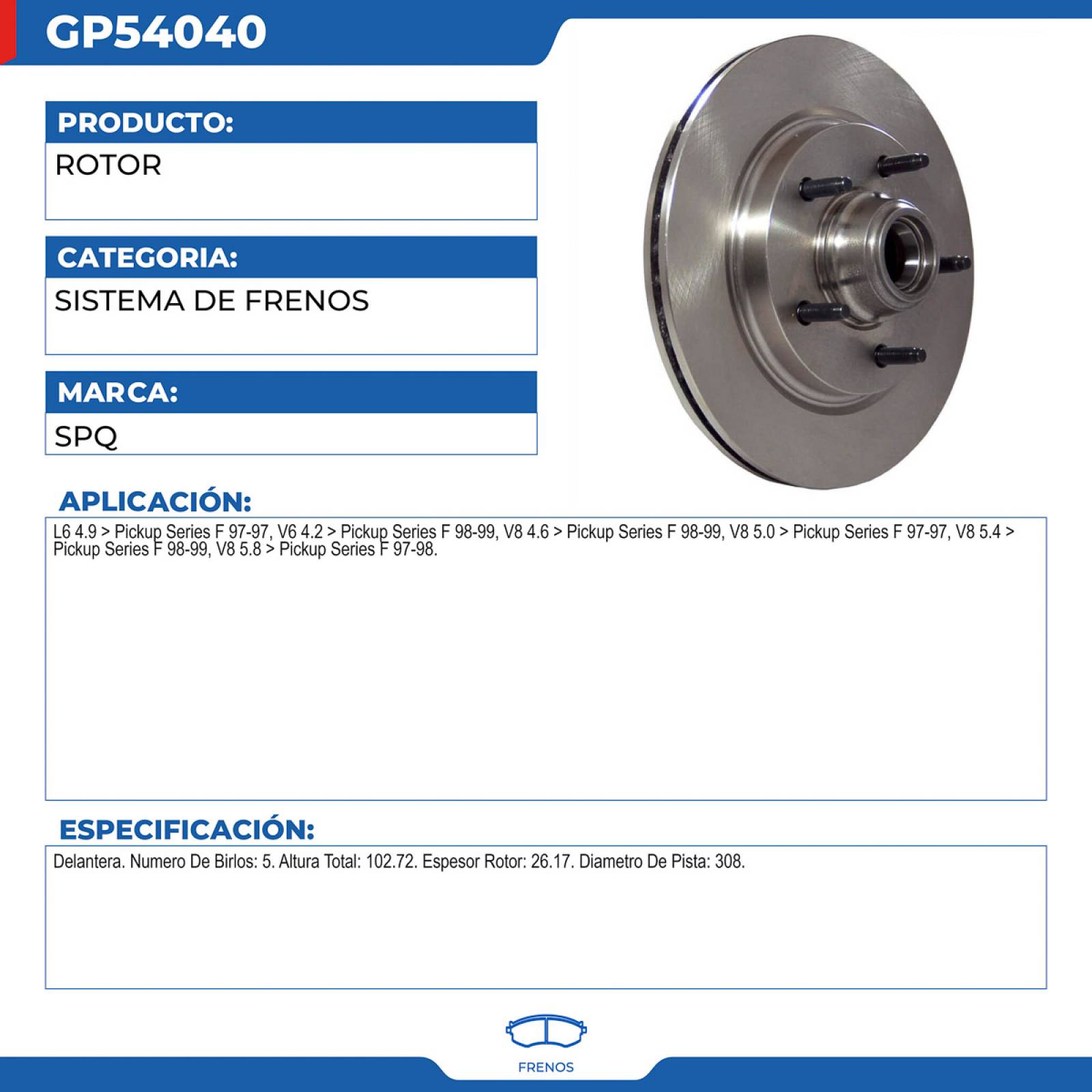Rotor, SPQ; Para Ford F150 Pickup 1997-1997 L6; 4.9