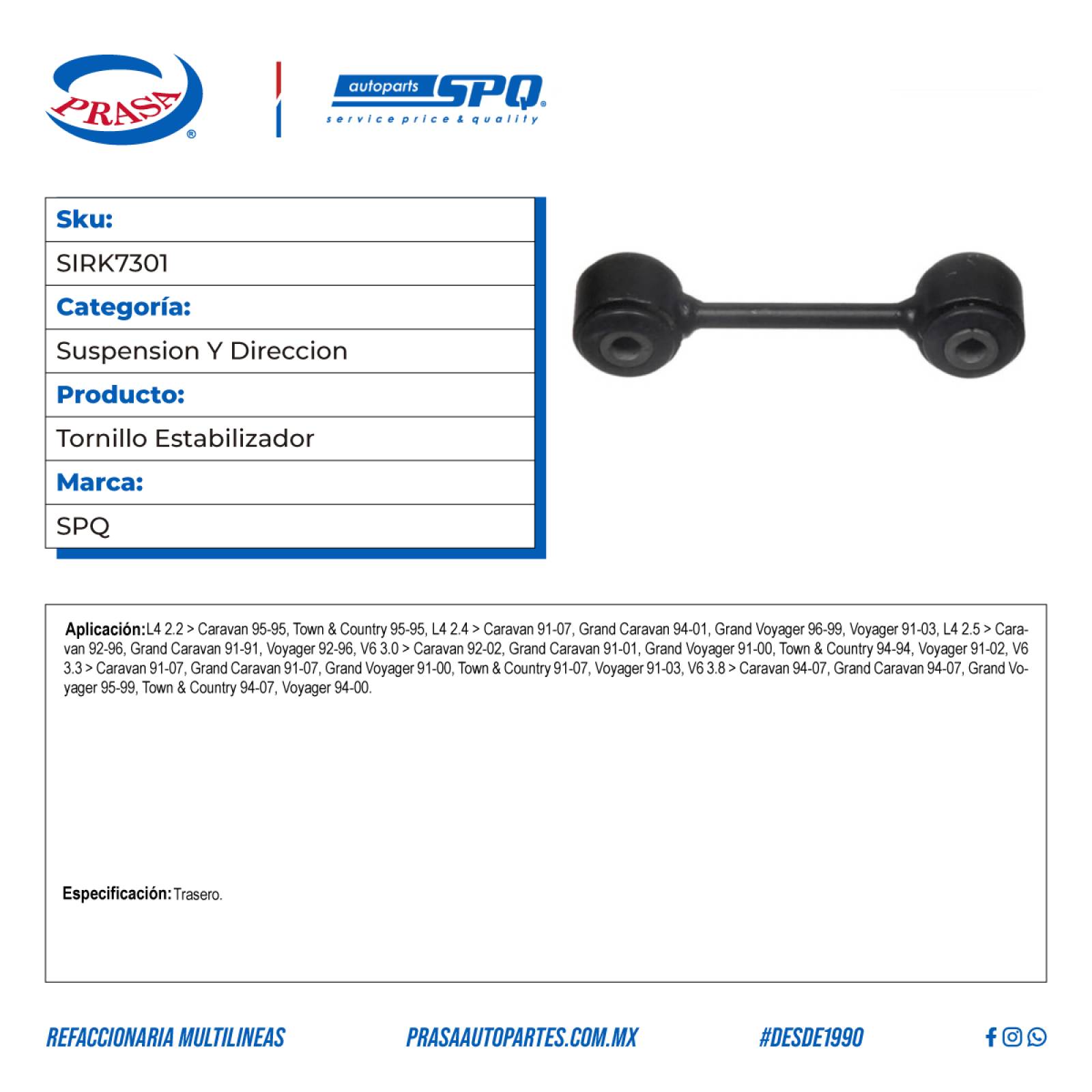 Tornillo Estabilizador, SPQ; Para Chrysler Town & Country 1995-1995 L4; 2.2