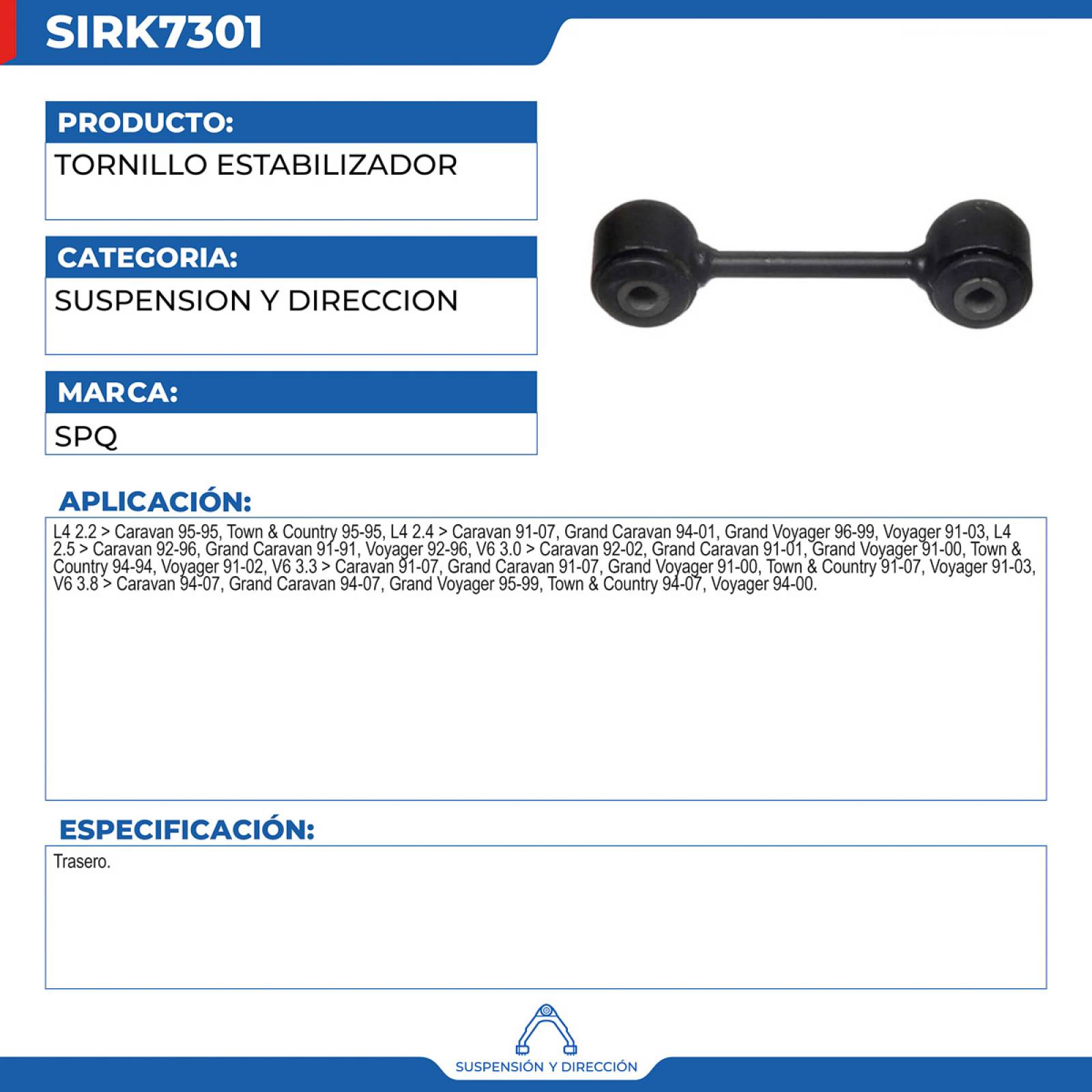 Tornillo Estabilizador, SPQ; Para Chrysler Town & Country 1995-1995 L4; 2.2
