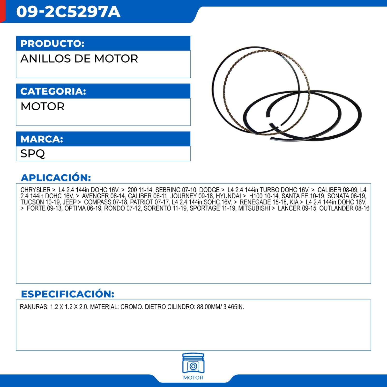 Anillos De Motor, Para Chrysler 200 L4 (2.4) del2011-2017, Marca SPQ
