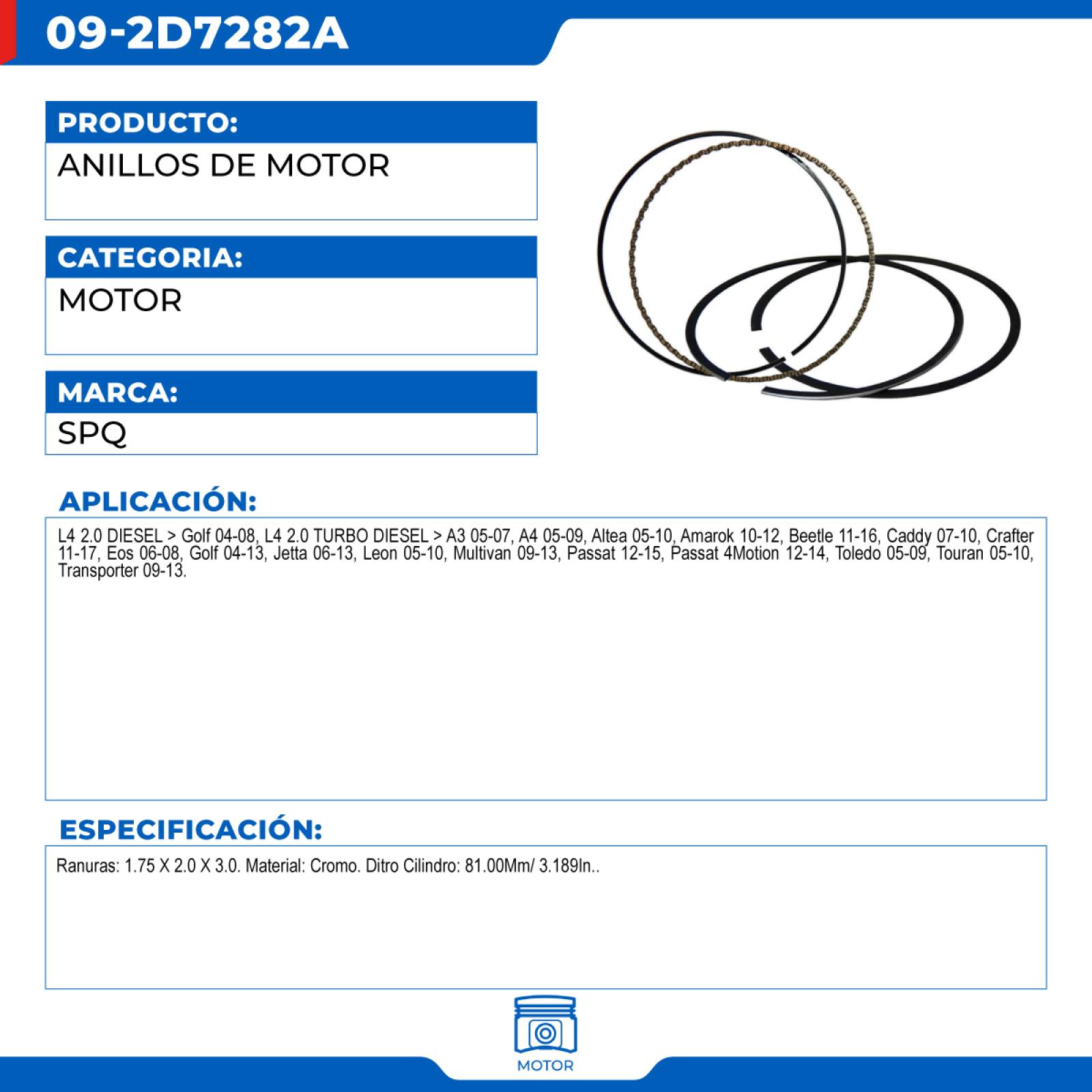 Anillos De Motor, Para Audi A3 L4 (2.0) del2005-2007, Marca SPQ