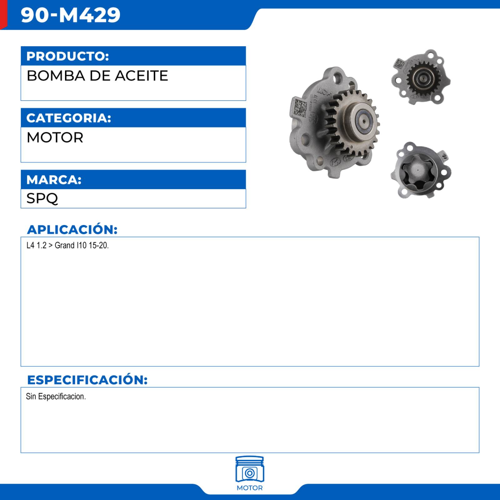 Bomba De Aceite, SPQ; Para Hyundai Grand I10 2015-2020 L4; 1.2