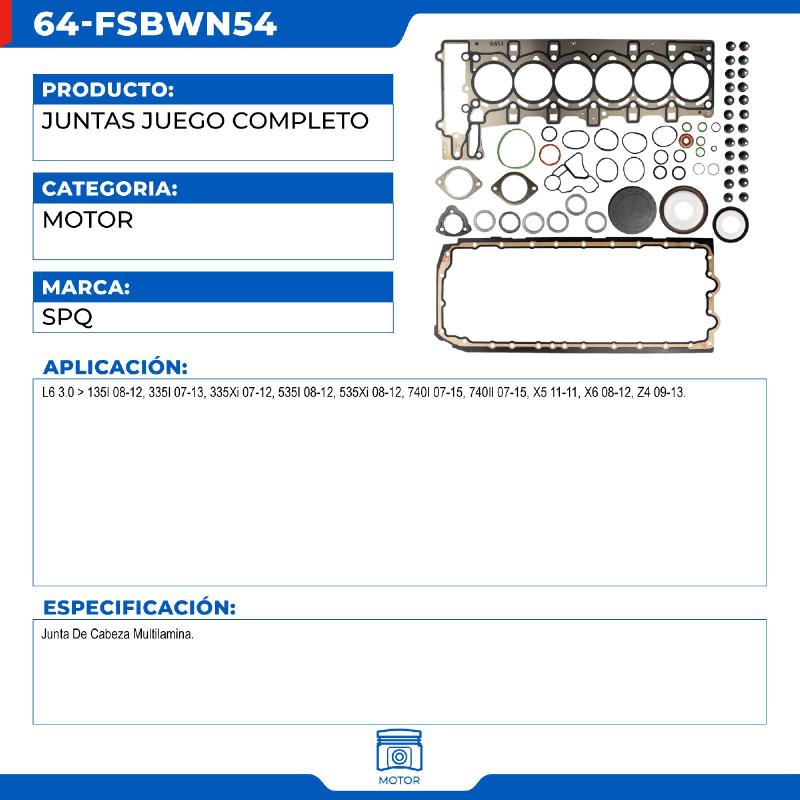 Juntas Juego Completo, SPQ; Para Bmw 135I 2008-2012 L6; 3