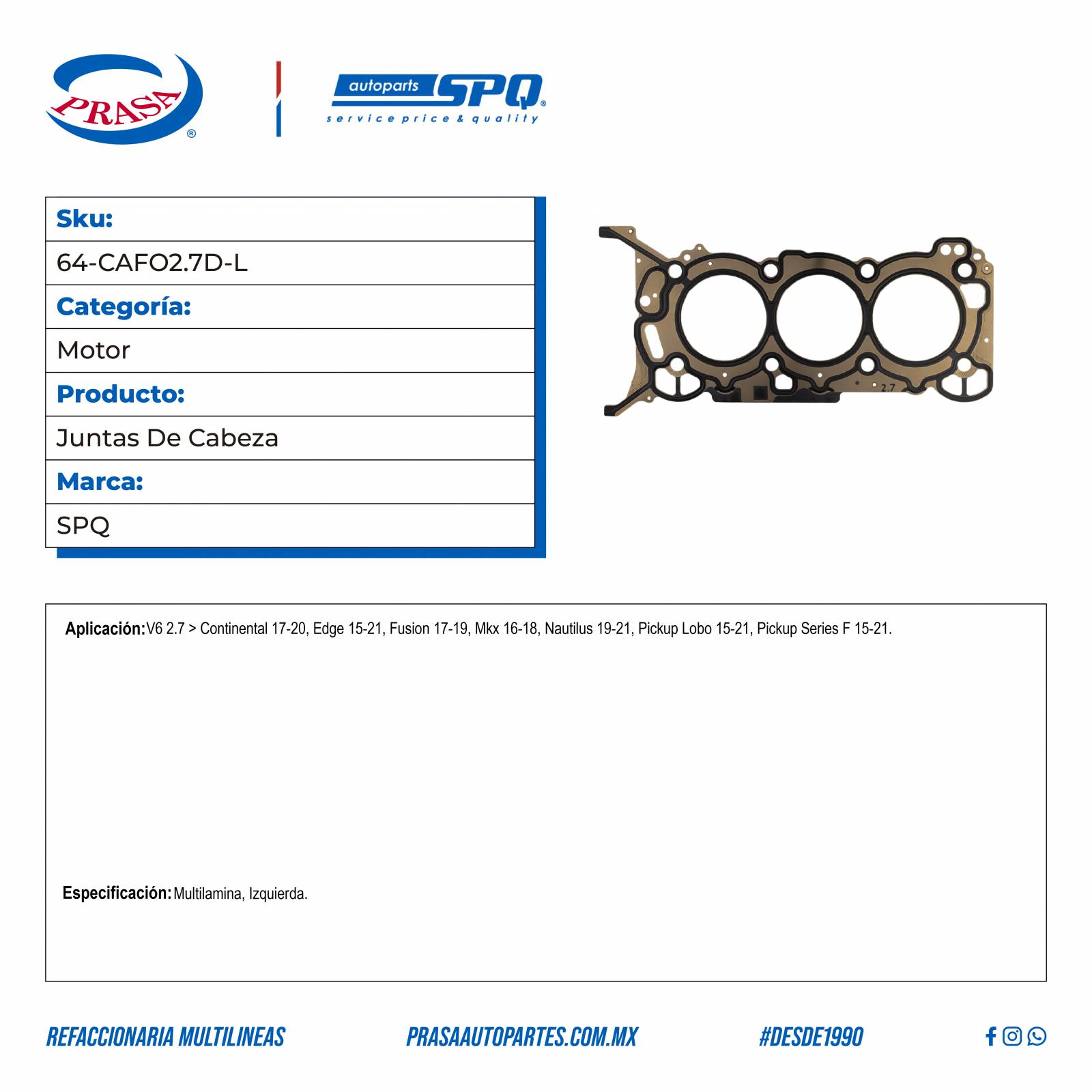 Juntas De Cabeza, SPQ; Para Ford Edge 2015-2021 V6; 2.7