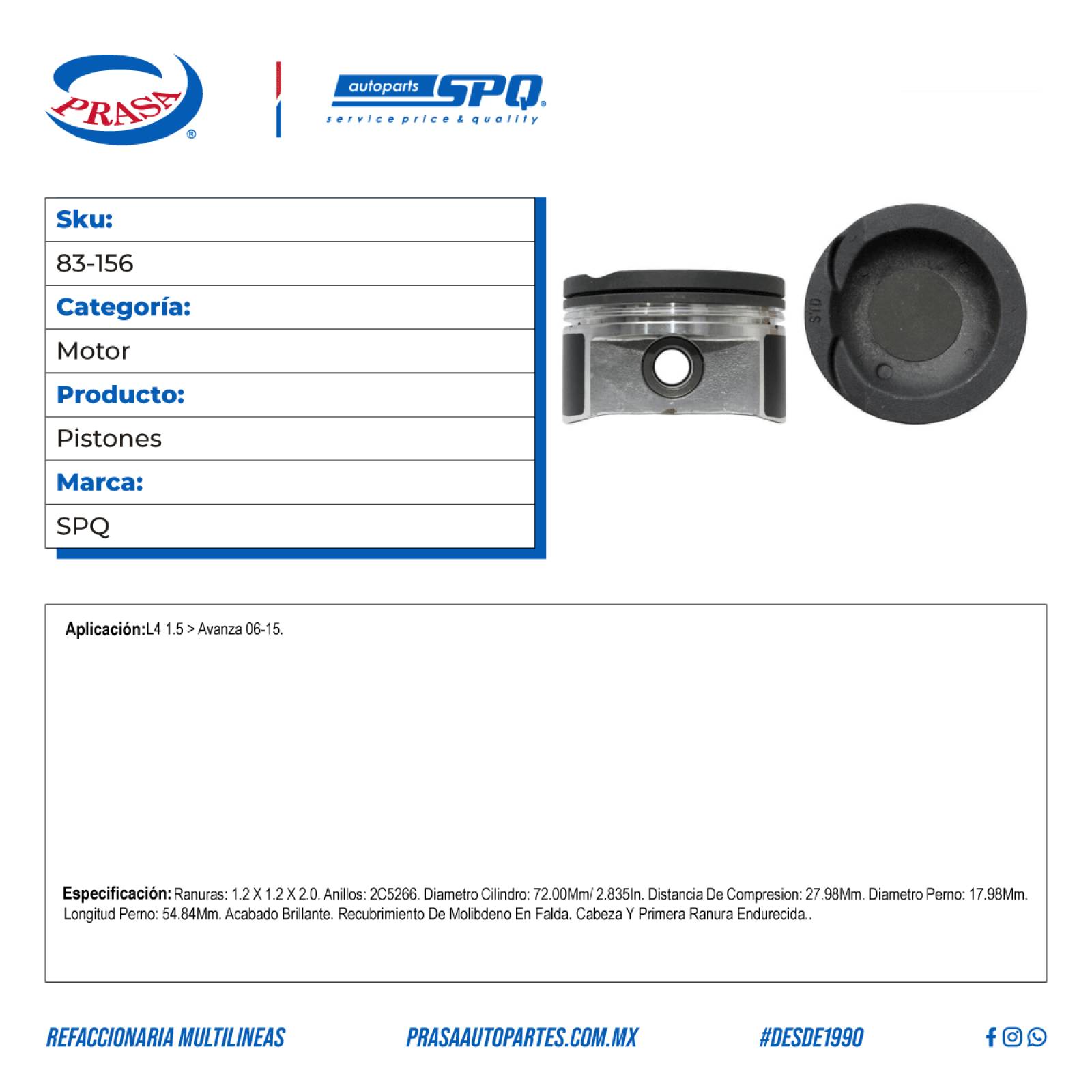 Pistones, SPQ; Para Toyota Avanza 2006-2015 L4; 1.5