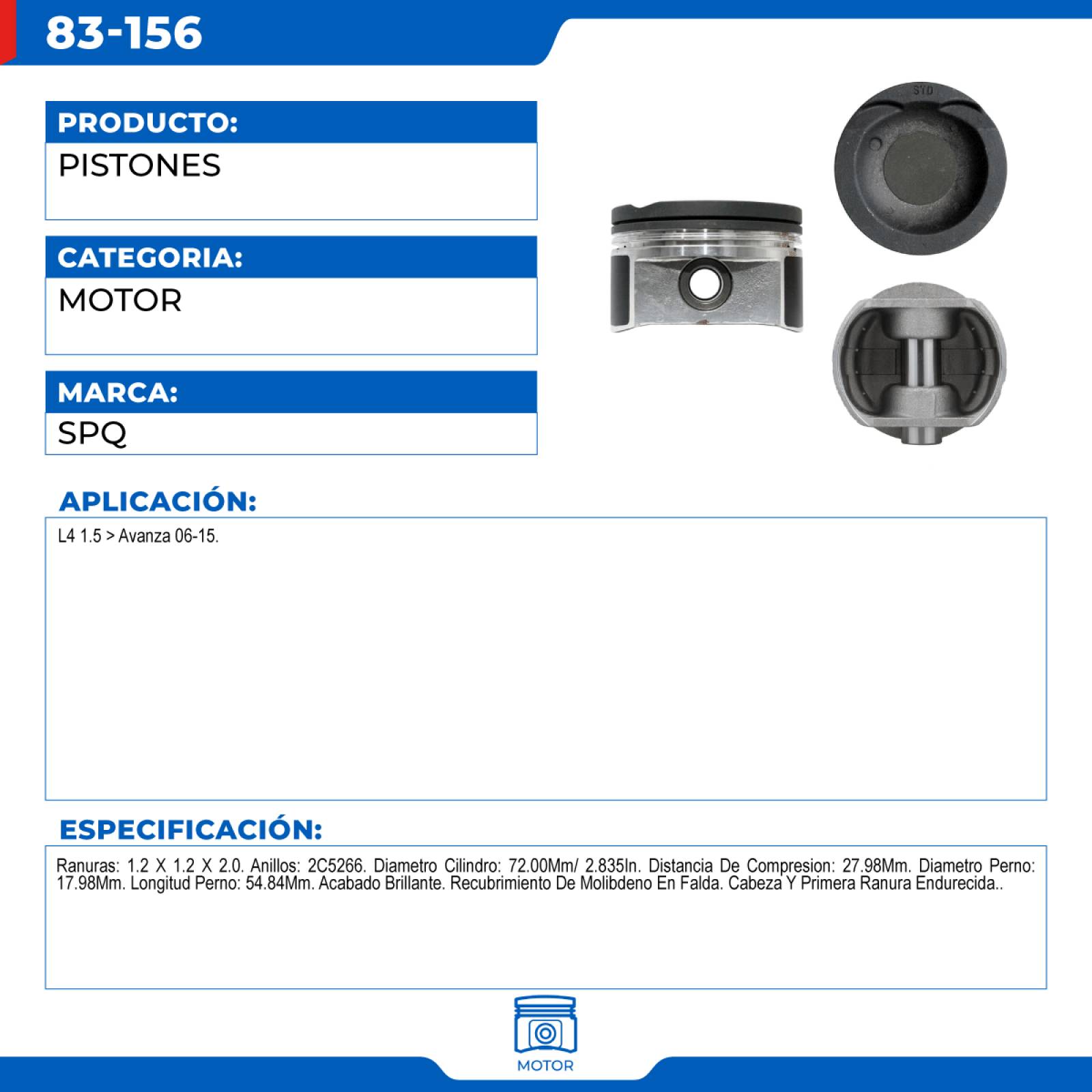 Pistones, SPQ; Para Toyota Avanza 2006-2015 L4; 1.5