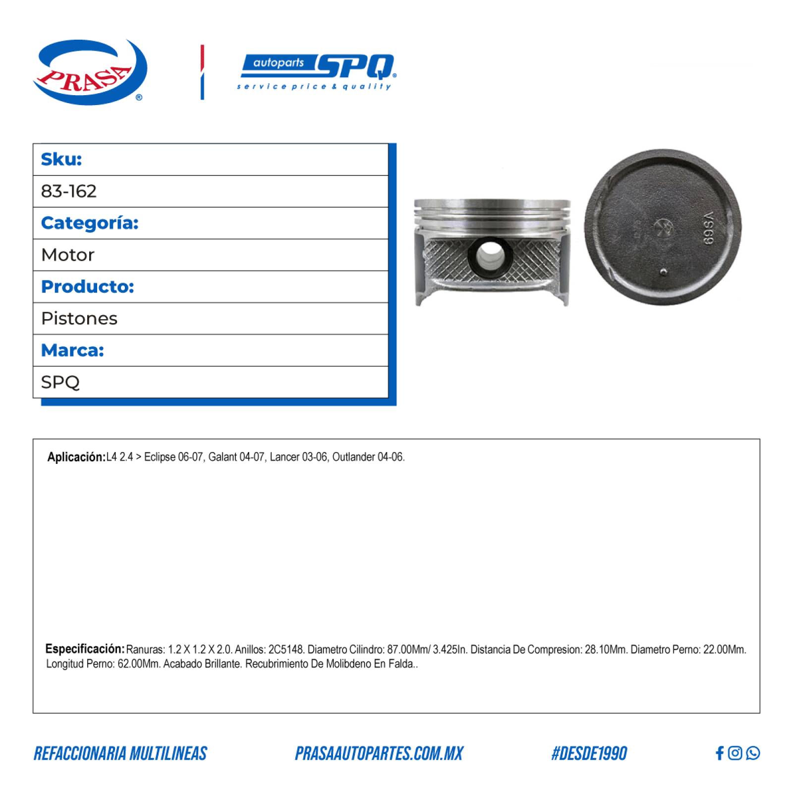 Pistones, SPQ; Para Mitsubishi Eclipse 2006-2007 L4; 2.4