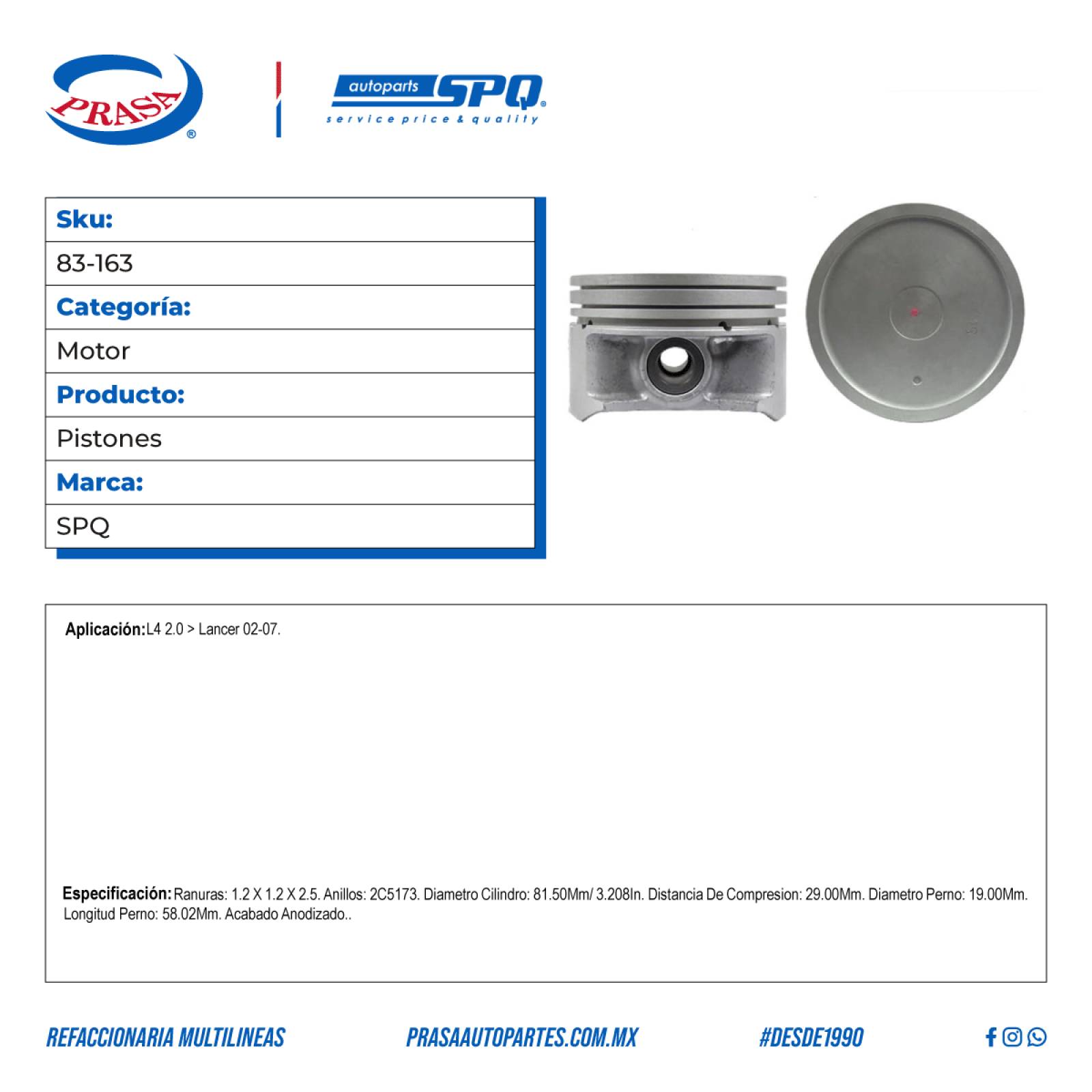 Pistones, SPQ; Para Mitsubishi Lancer 2002-2007 L4; 2