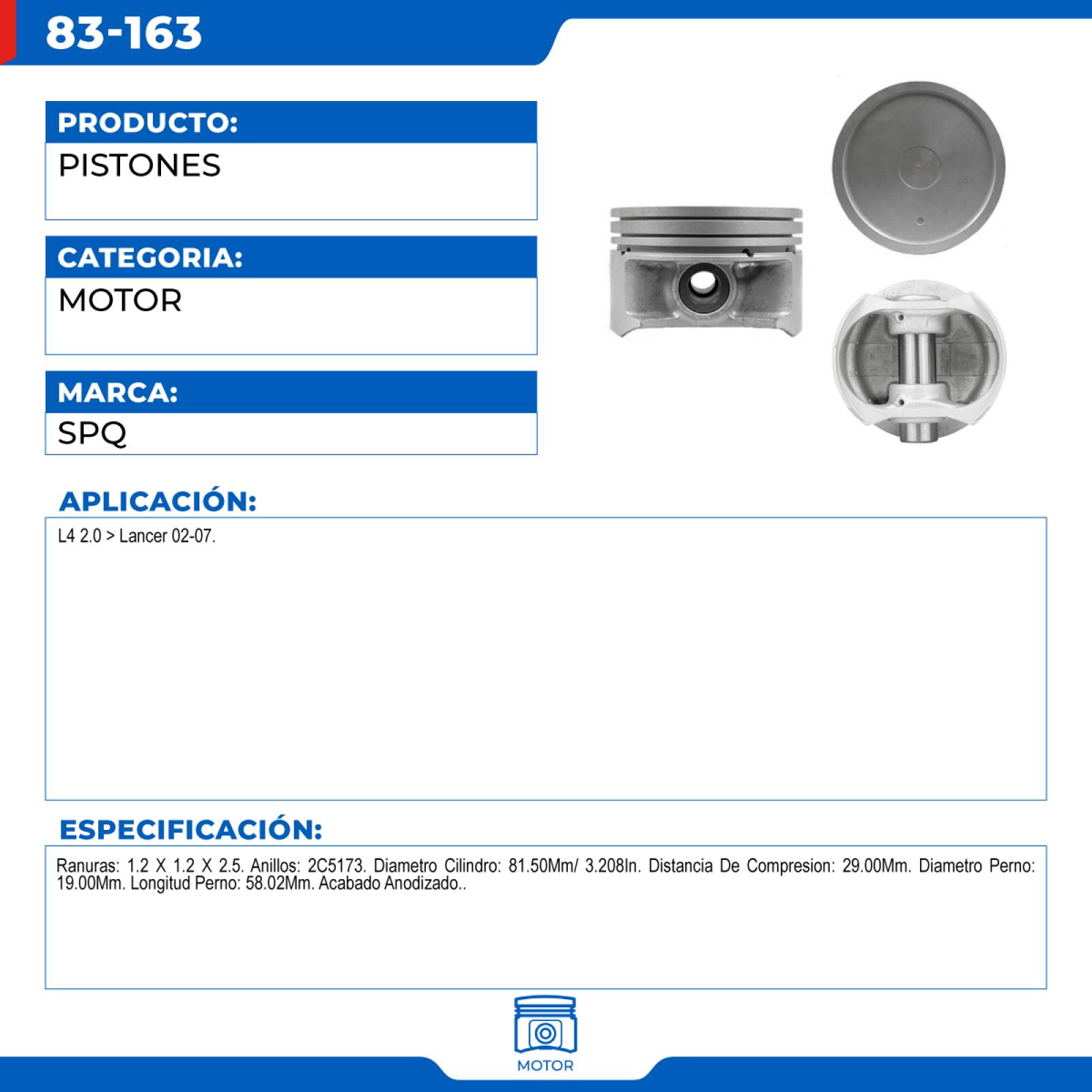 Pistones, SPQ; Para Mitsubishi Lancer 2002-2007 L4; 2