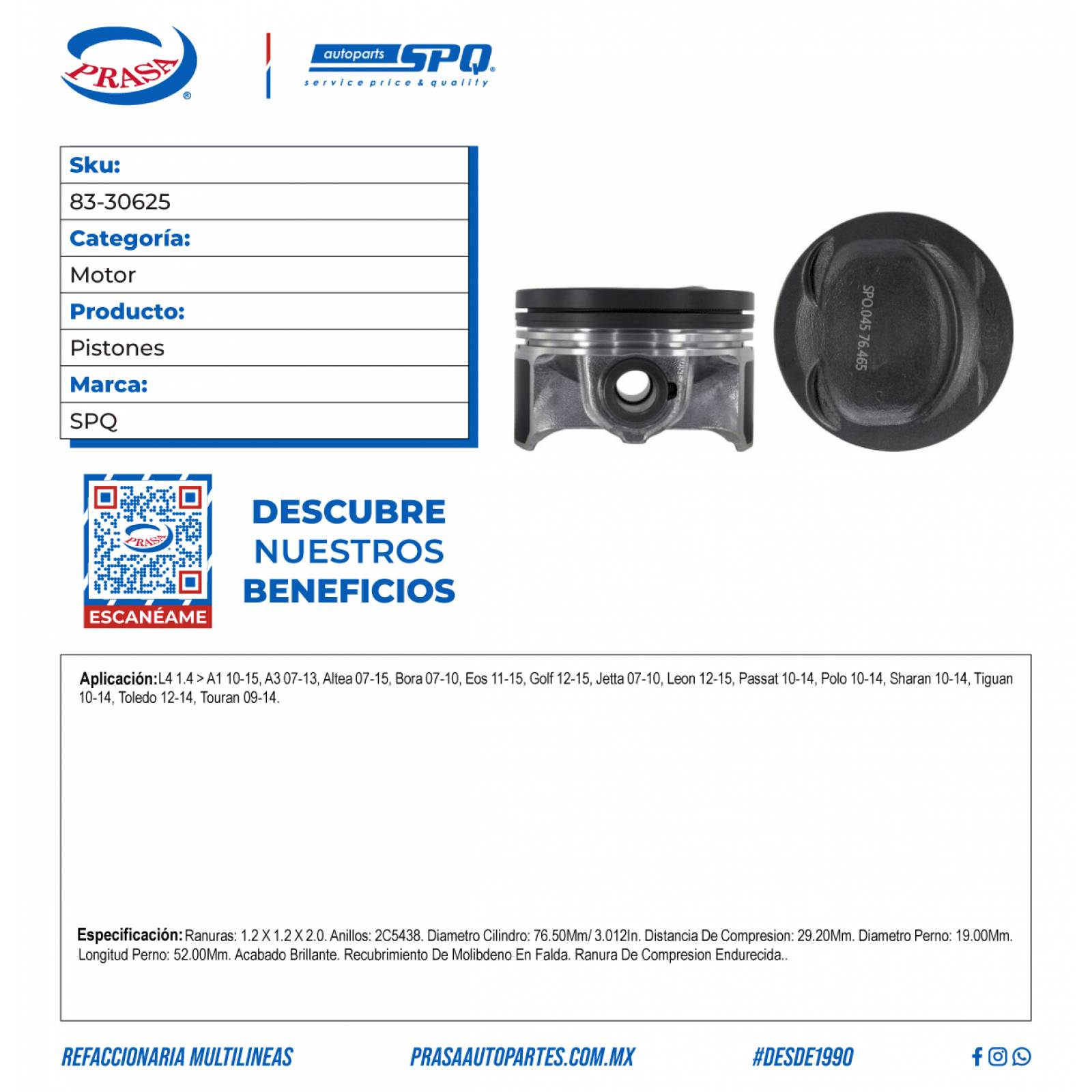 Pistones, SPQ; Para Audi A1 2010-2015 L4; 1.4