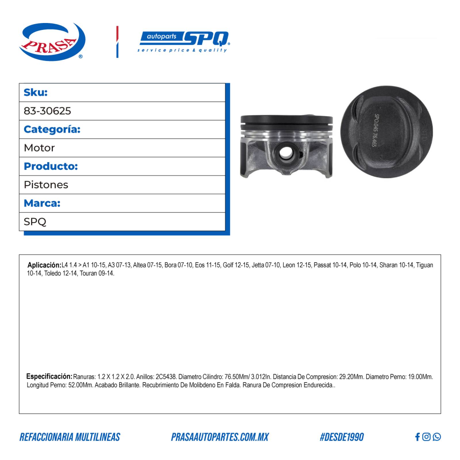 Pistones, SPQ; Para Audi A1 2010-2015 L4; 1.4