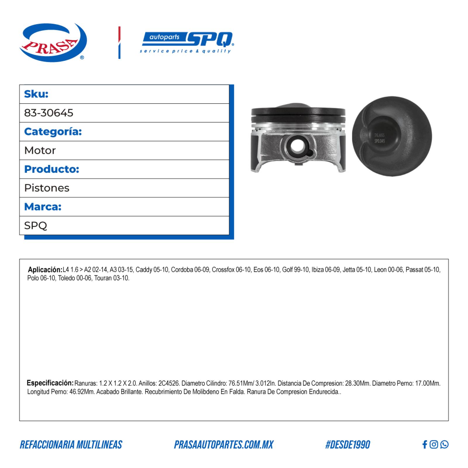 Pistones, SPQ; Para Audi A2 2002-2014 L4; 1.6