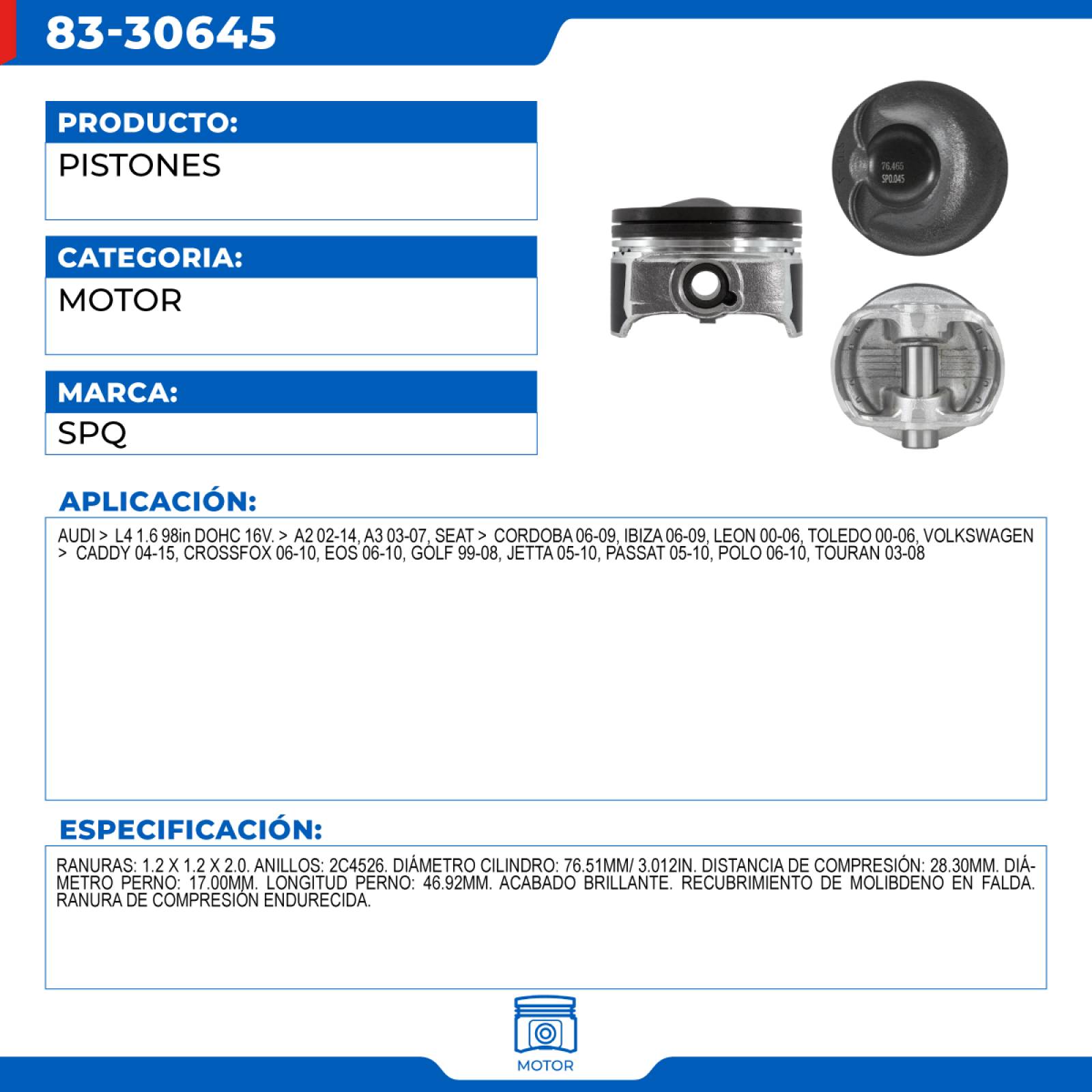 Pistones, SPQ; Para Audi A2 2002-2014 L4; 1.6